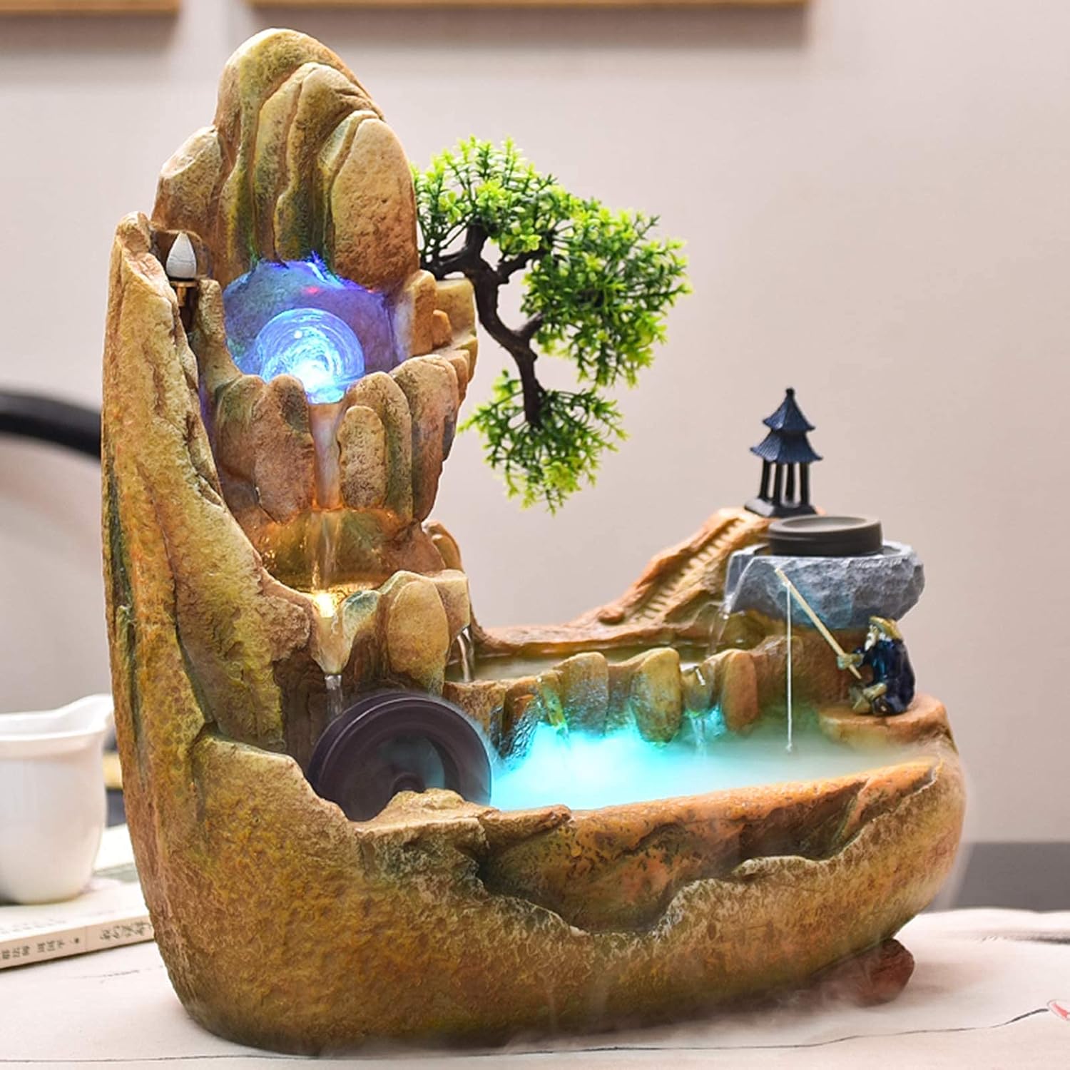 Relaxation Waterfall Tabletop Water Fountain,Indoor Water Feature with Soothing Sound,Home Office Ornamental Water Fountain with Automatic Pump