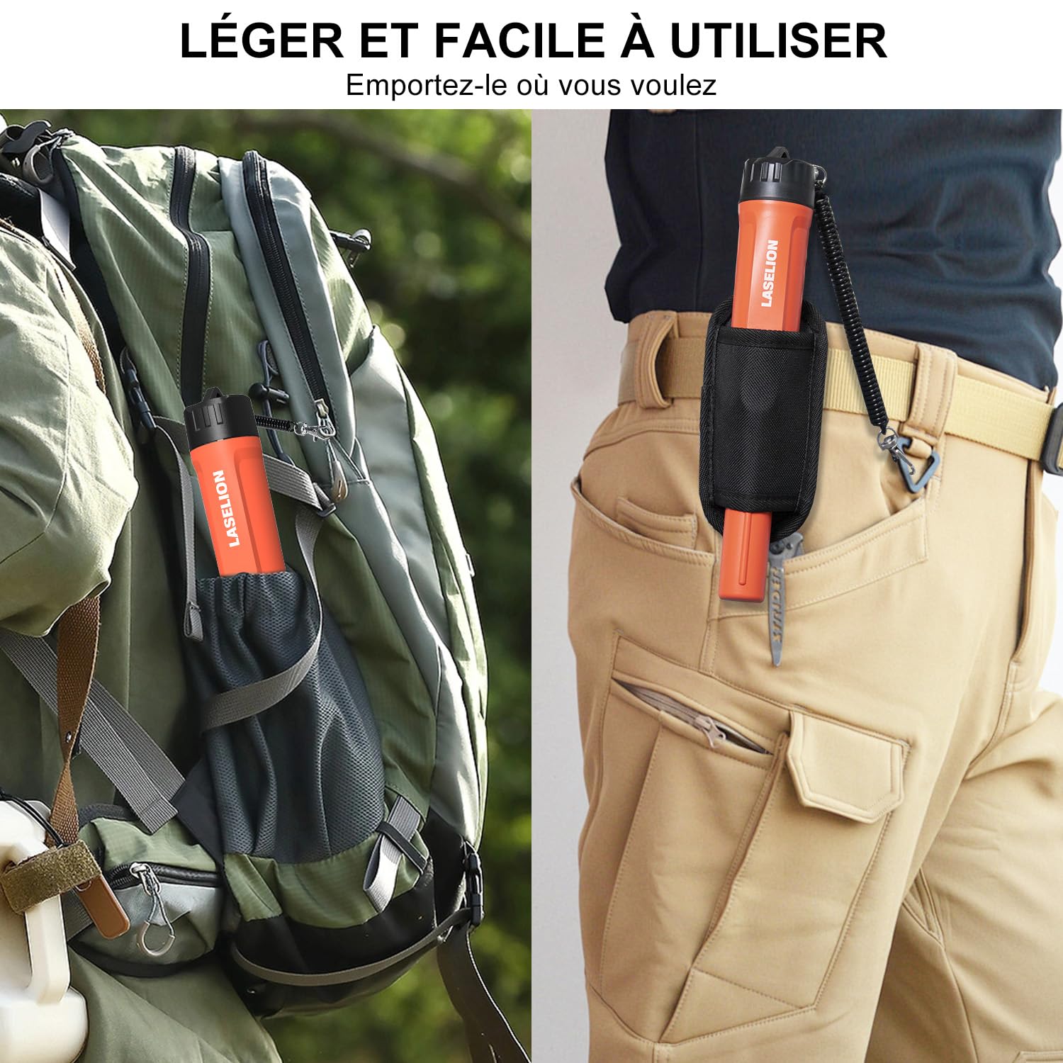 Détecteur de Métaux Pinpointer, LASELION MD01 Portatif IP68 Étanche Détecteur de Métaux avec Batterie 9V, Sac Ceinture et Sangle de Cou, numérisation précise à 360°