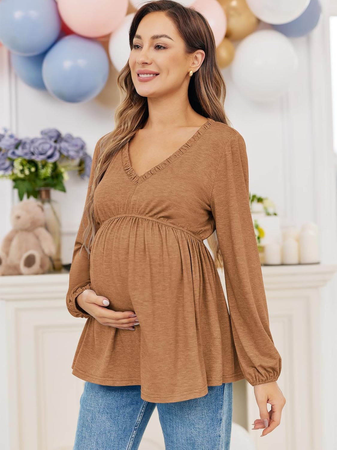 Women's Maternity Tops Long Sleeve V Neck Fall Loose Blouse Ruched Babydoll Pregnancy Shirts S-2XL - Image 2