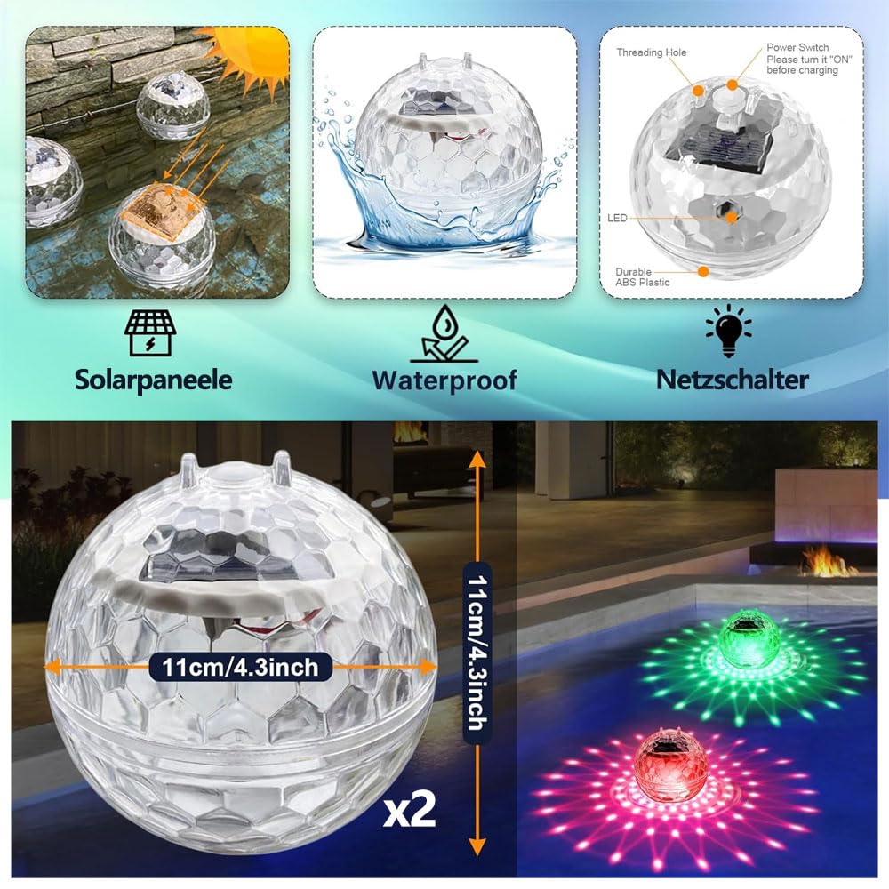 Zestaw 2 pływających lamp basenowych, solarnych lamp basenowych, wodoodporna kula basenowa, wodoodporne oświetlenie basenowe LED, dekoracja krajobrazu do basenu, stawu, imprezy, ogrodu