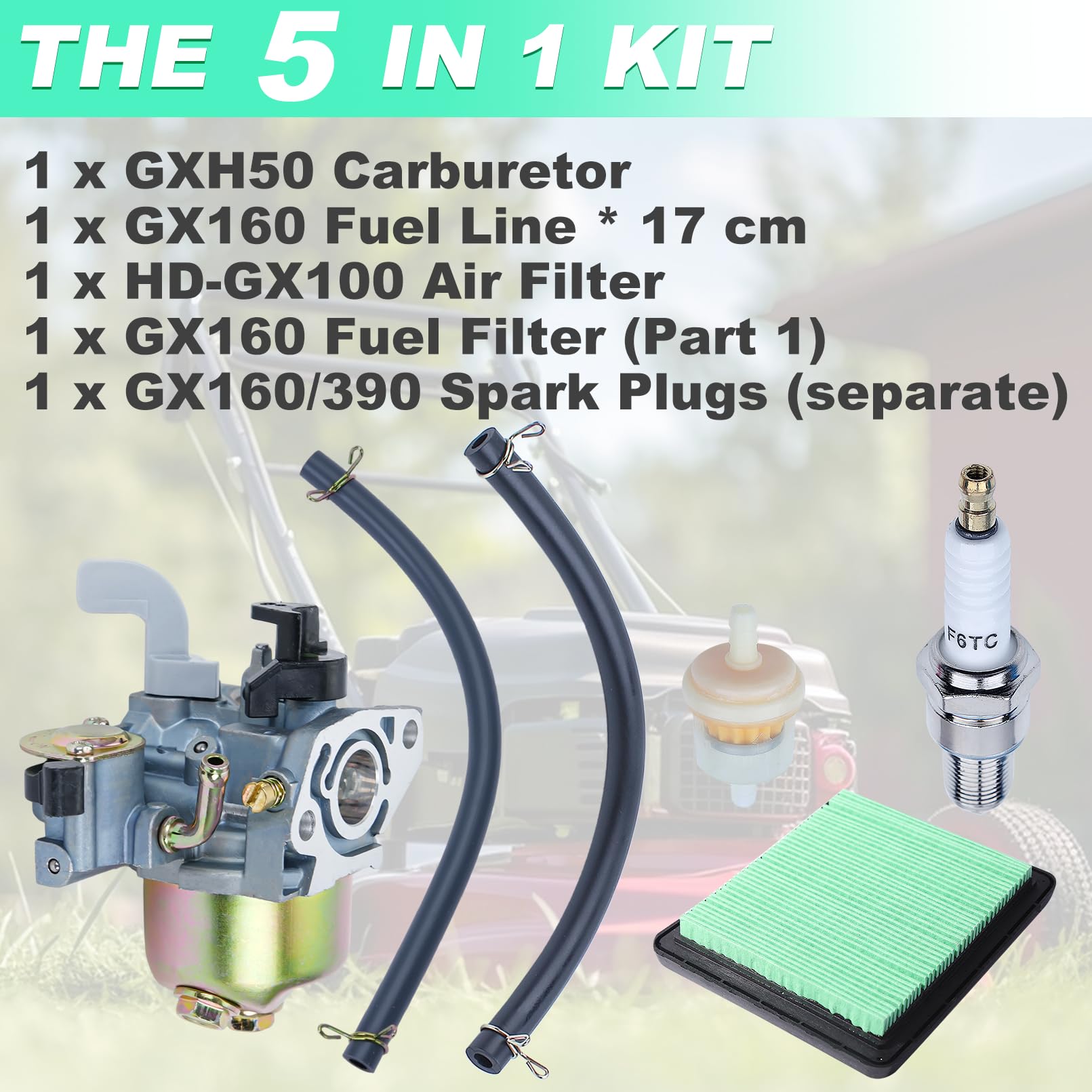 Adefol Kit de carburador para motores Honda GXH50, GX100, G100, G150, Incluye carburador con línea de combustible, filtro de aire y bujías, filtro de combustible y bujías, repuesto 16100-Z4E-003