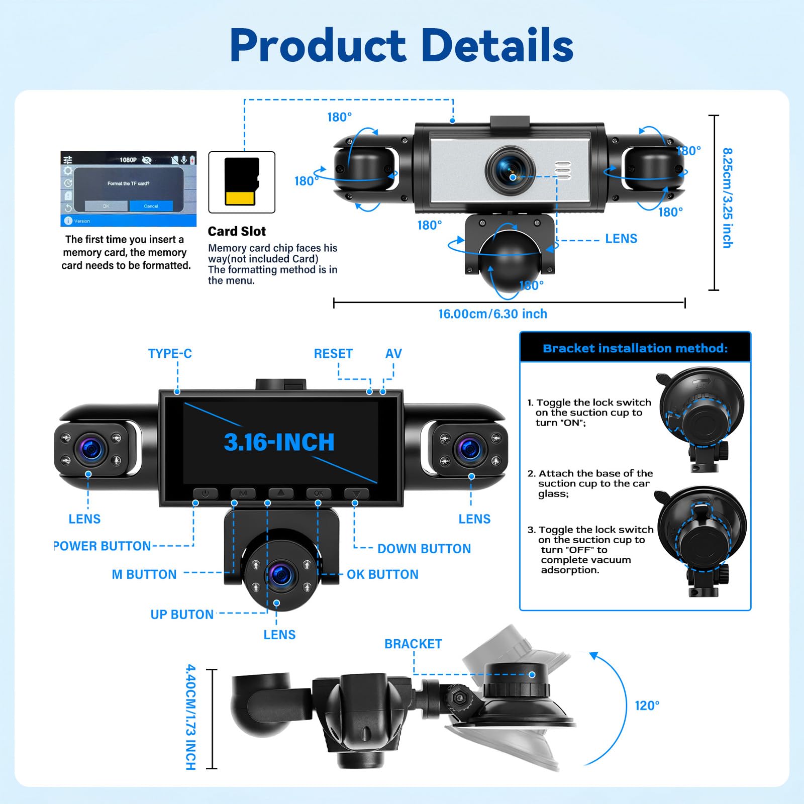 SIXTOP Dashcam con Display IPS da 3,16", 5 Telecamere, 1080P Full HD, Visione Notturna, 360°, Grandangolo 150°, Registrazione in Loop