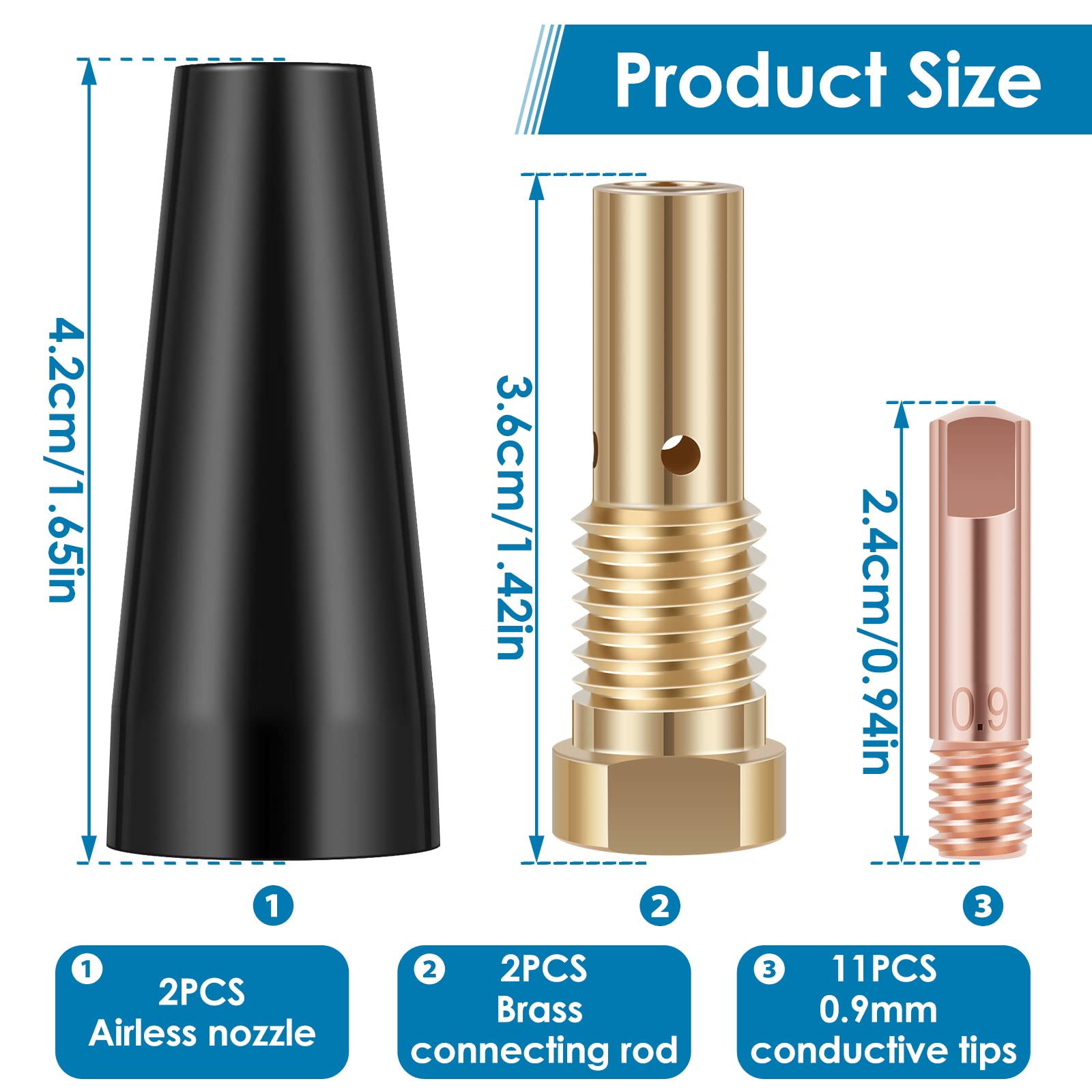 15 PCS Flux Core Gasless Nozzle Tips Kit, Compatible with Century FC90/80GL | Forney Easy Weld 261308|306, Brass Welding Tips, MIG Welding Kit (0.9mm)