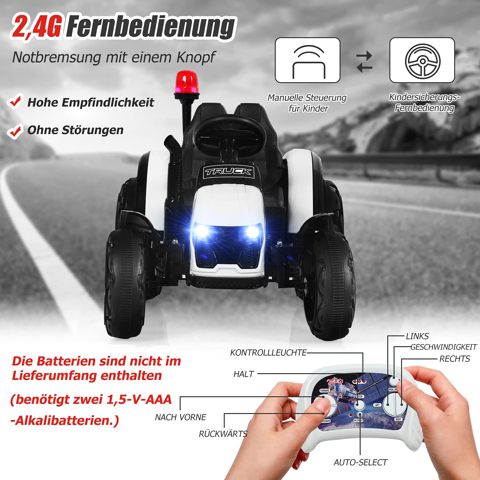 GOPLUS Traktor elektryczny dla dzieci w wieku 3-8 lat, 12 V, z pilotem zdalnego sterowania 2,4 G, zdejmowaną przyczepą, reflektorem, odtwarzaczem MP3, portem USB, lampką ostrzegawczą, traktorem
