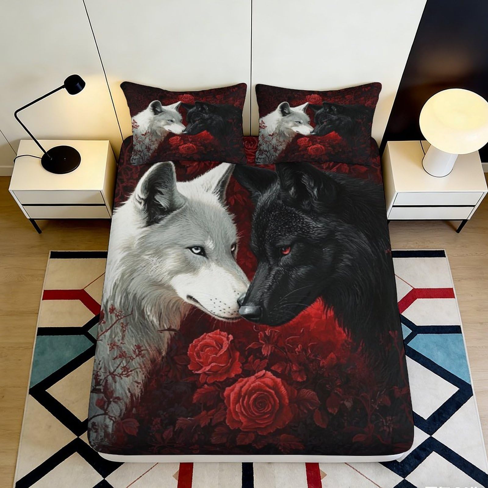 3D Printed Wolf and Rose Fitted Sheet Microfiber Black White Wolves Bed Cover for Bedroom Guest Room Decor 90x200x25cm