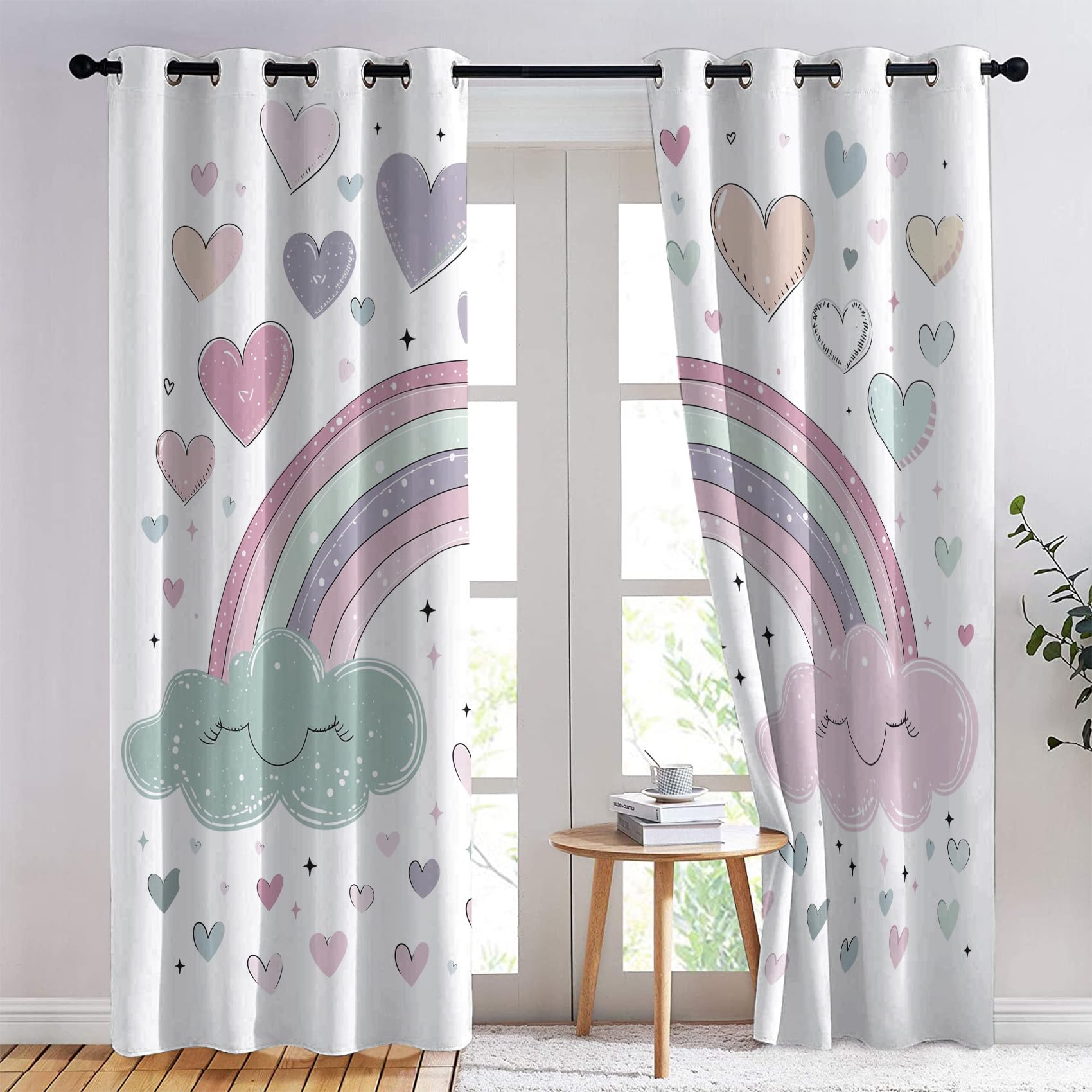 Regenbogen Wolken Vorhänge, Verdunklungsvorhänge mit Muster Kinder Mädchen, Vorhang Blickdicht mit Ösen, Gardinen für Wohnzimmer Schlafzimmer Kinderzimmer Deko 2er Set - 160x132 (H X B) (Gc-&379)