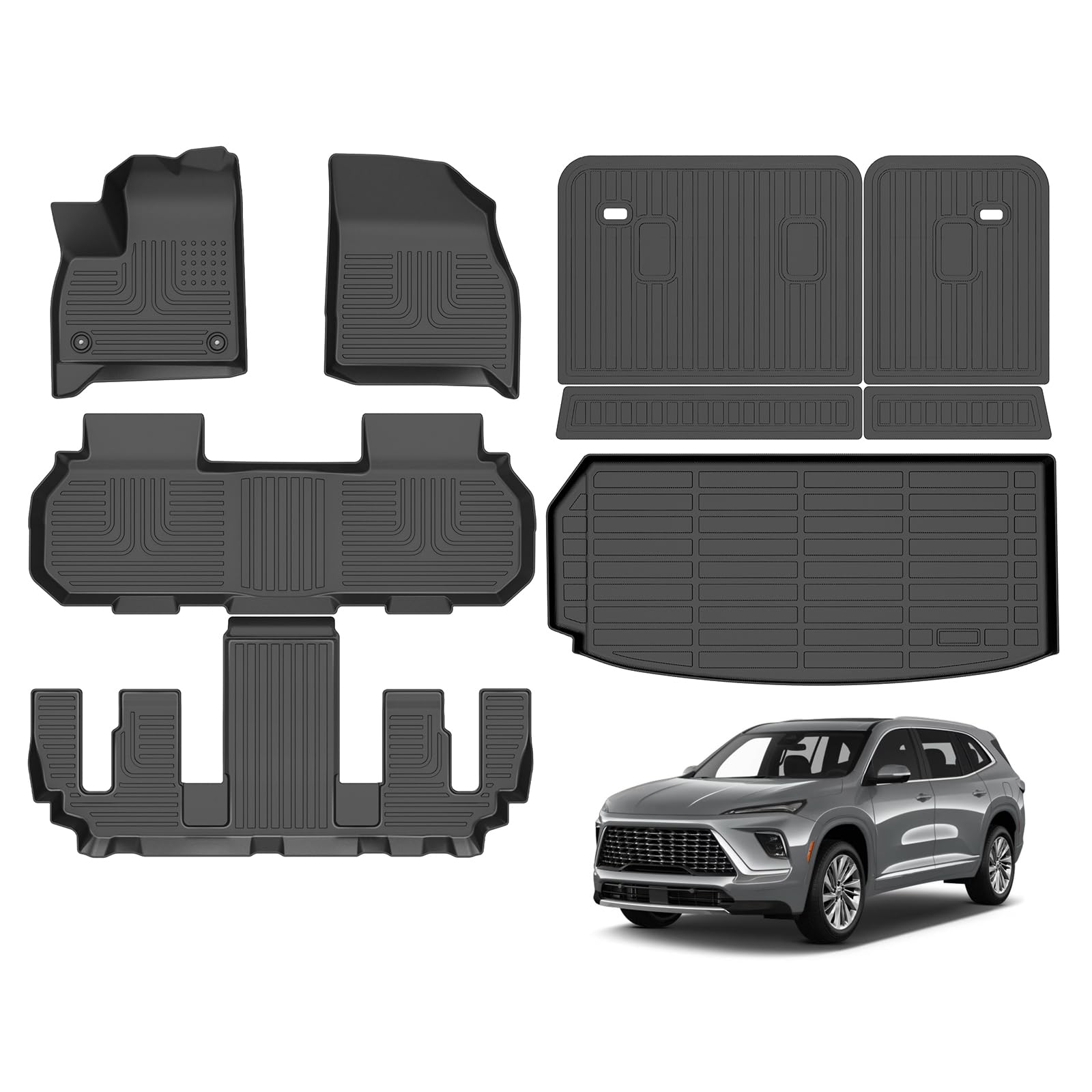 Floor Mats &amp; Cargo Liner for Buick Enclave 2025-2026&amp;2024-2026 7 Seats GMC Acadia/Chevy Traverse (No 2024 Traverse Limited) All Weather Automotive TPE Set Anti-Slip Waterproof Accessories Black