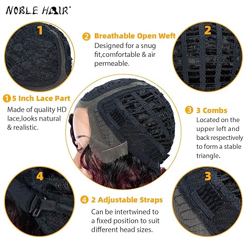 Miniatura 6 de NOBLE HAIR - Peluca de cabello humano rizado con encaje frontal de 12 pulgadas, peluca corta ondulada estilo Bob, longitud al hombro, parte lateral,