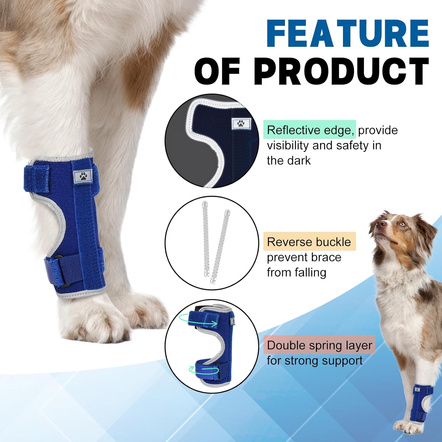 Dog Front Leg Brace with Removable Metal Springs- Adjustable Reflective Ankle Wrap for Dogs, Anti-Slip Reverse-Buckle Design Dog Ankle Brace for Arthritis, Sprains, Injury Recovery (Blue, L)