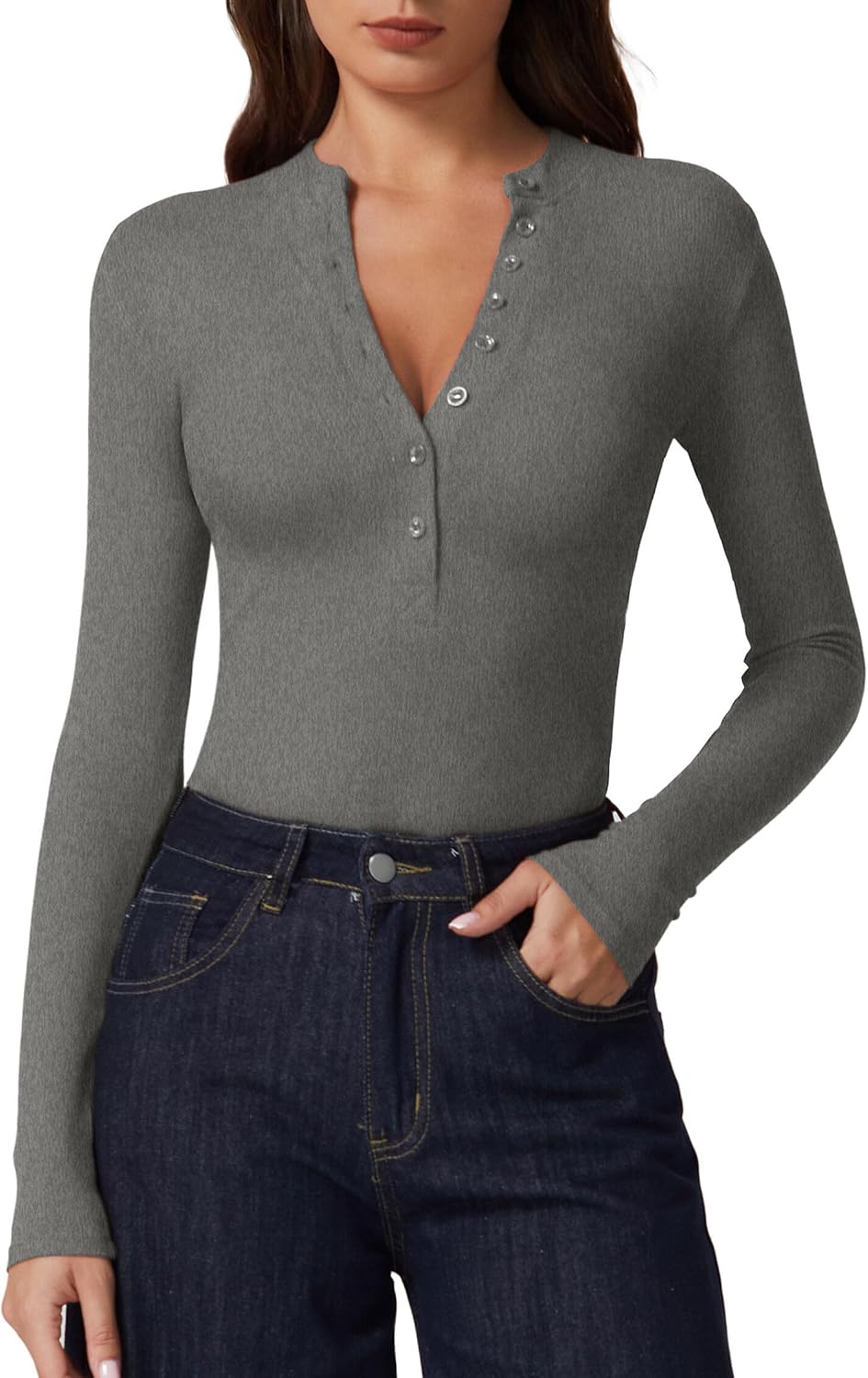 QINSEN Button Down Shirts for Women V Neck Long Sleeve Ribbed Knit Slim Fit Basic Tee Tops
