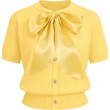 Yeokou Womens Satin Bow Short Sleeve Knit Cardigan Metal Button Crew Neck Casual Sweater Top for Office Casual Daily