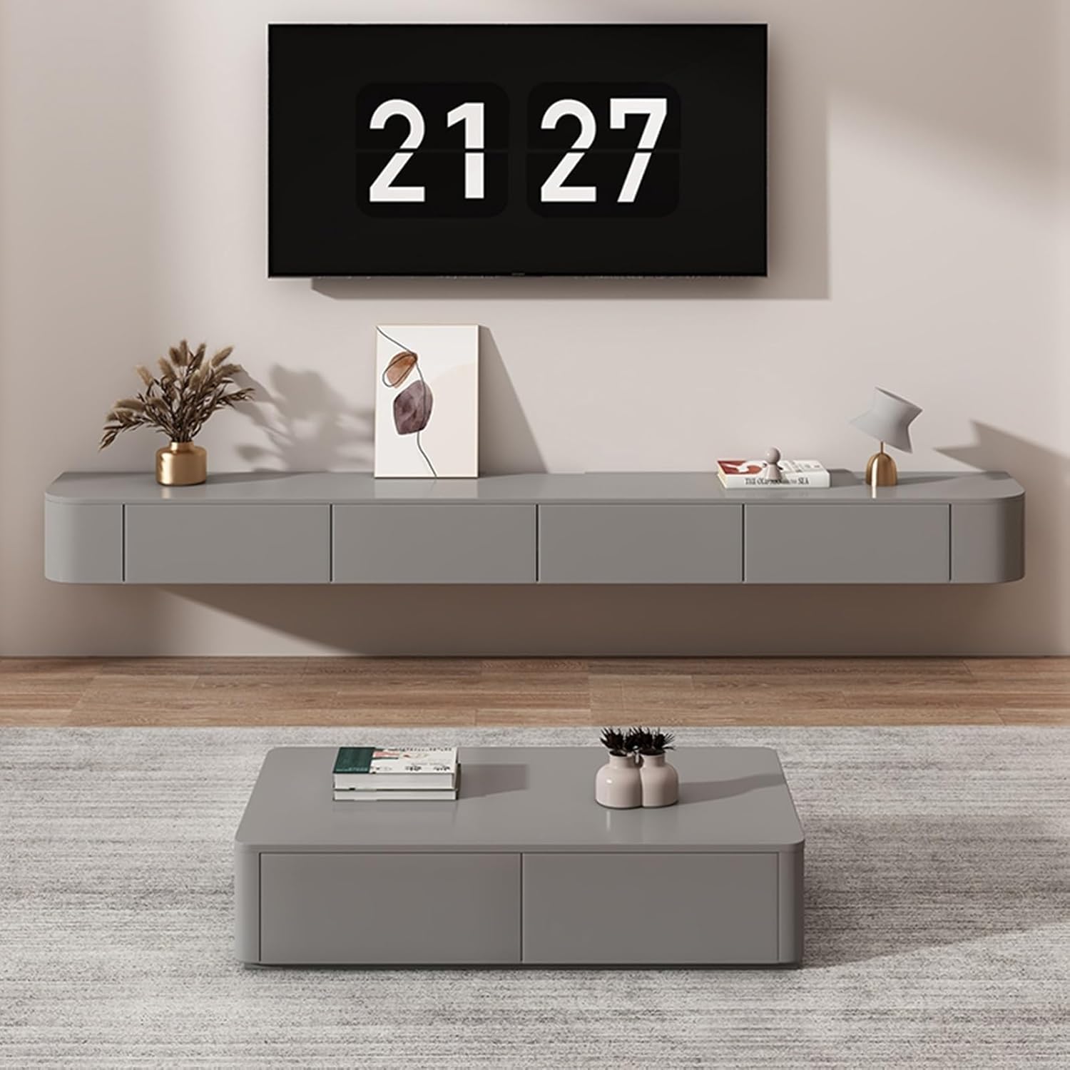 Meuble TV mural flottant moderne gris avec tiroirs – 200 cm Console multimédia élégante pour le salon