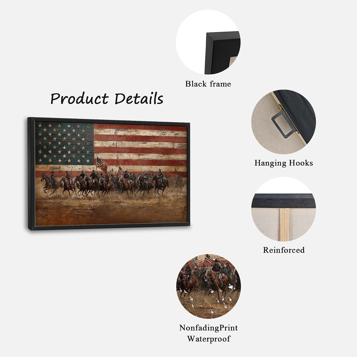 Vintage Large Wall Art for Living Room American Flag Pictures Civil War Big Wall Decor Confederate Army Cavalry Canvas Print Paintings Home Framed Artwork Decoration Gifts for Bedroom Office 24"x36"