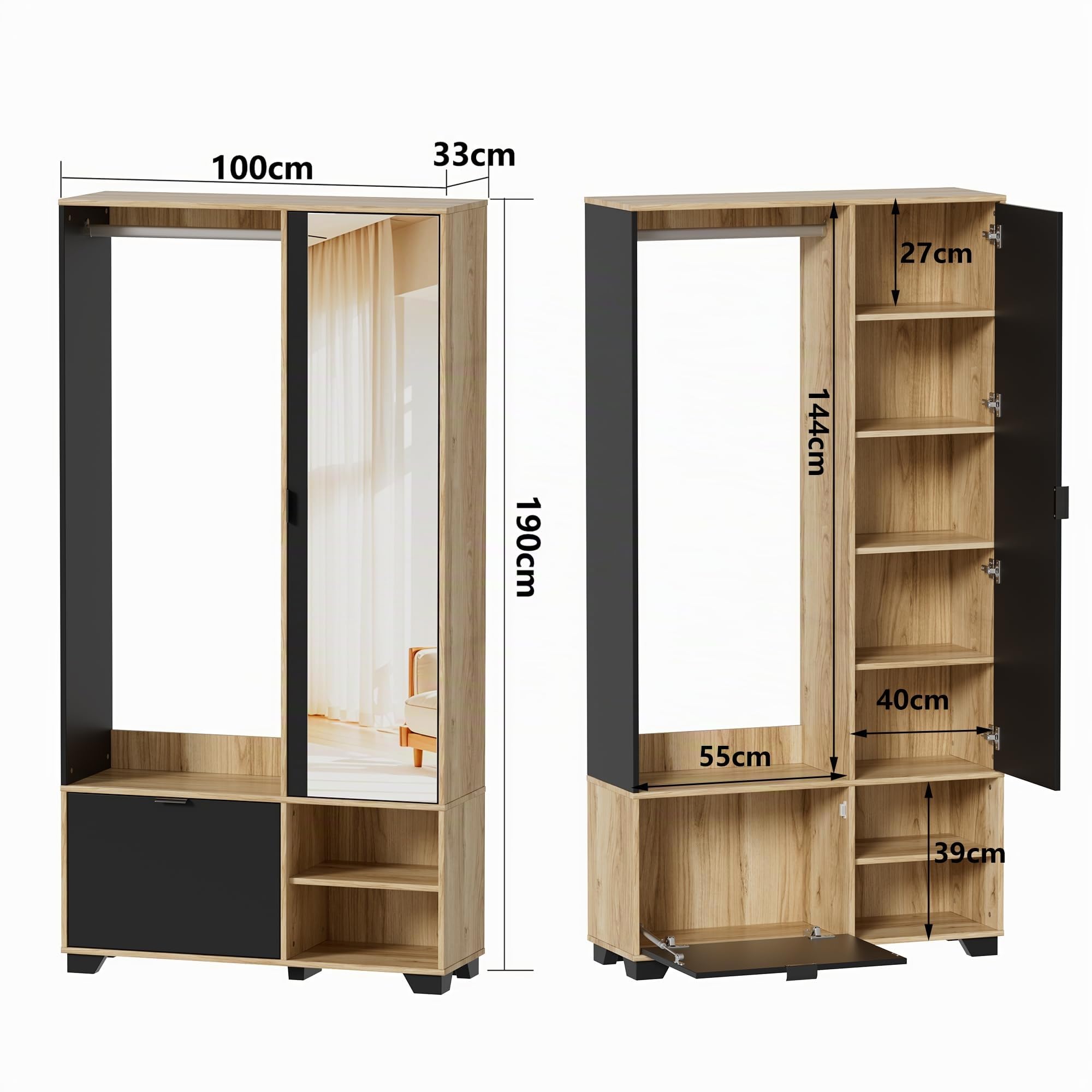 MSFE Armario Entrada con 144cm Espejo, Conjunto de Armario/Perchero con Barra, Zapatero y Compartimentos,Juego de Perchero,Mueble de entrad,No es Necesario Hacer Agujeros,100L x 33W x 190Hcm