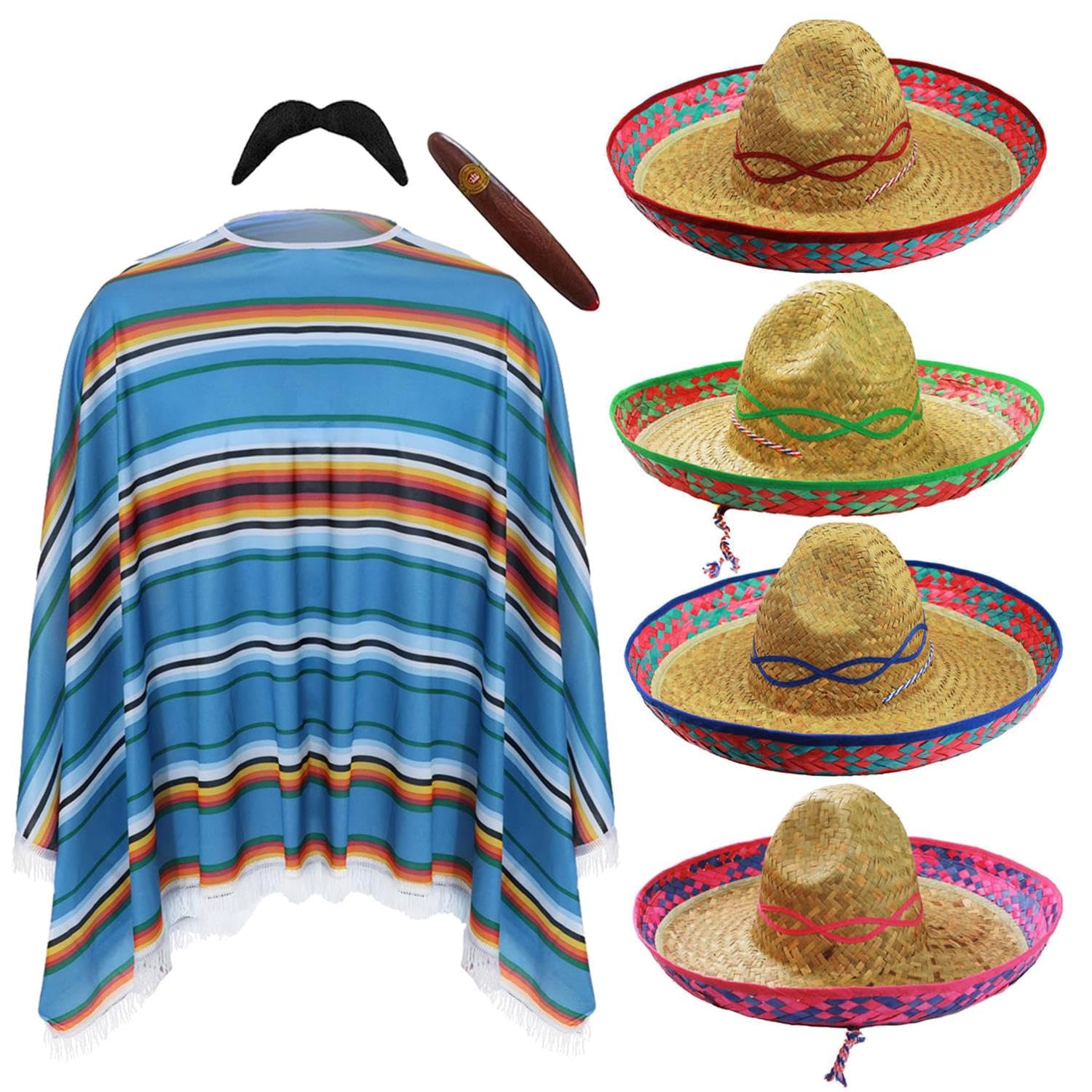Unisex Mexican Poncho & Pink Sombrero Hat Costume Set – Multicoloured Poncho, Straw Fiesta Hat, Fake Moustache & Cigar – Funny Fancy Dress for Festivals, Parties, Fiestas & Stag Dos