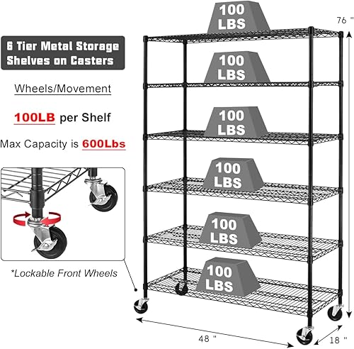 Miniatura 5 de Estantería de alambre resistente de 6 niveles, capacidad de 6000 libras, estante de almacenamiento de metal NSF ajustable con ruedas, 48 pulgadas de