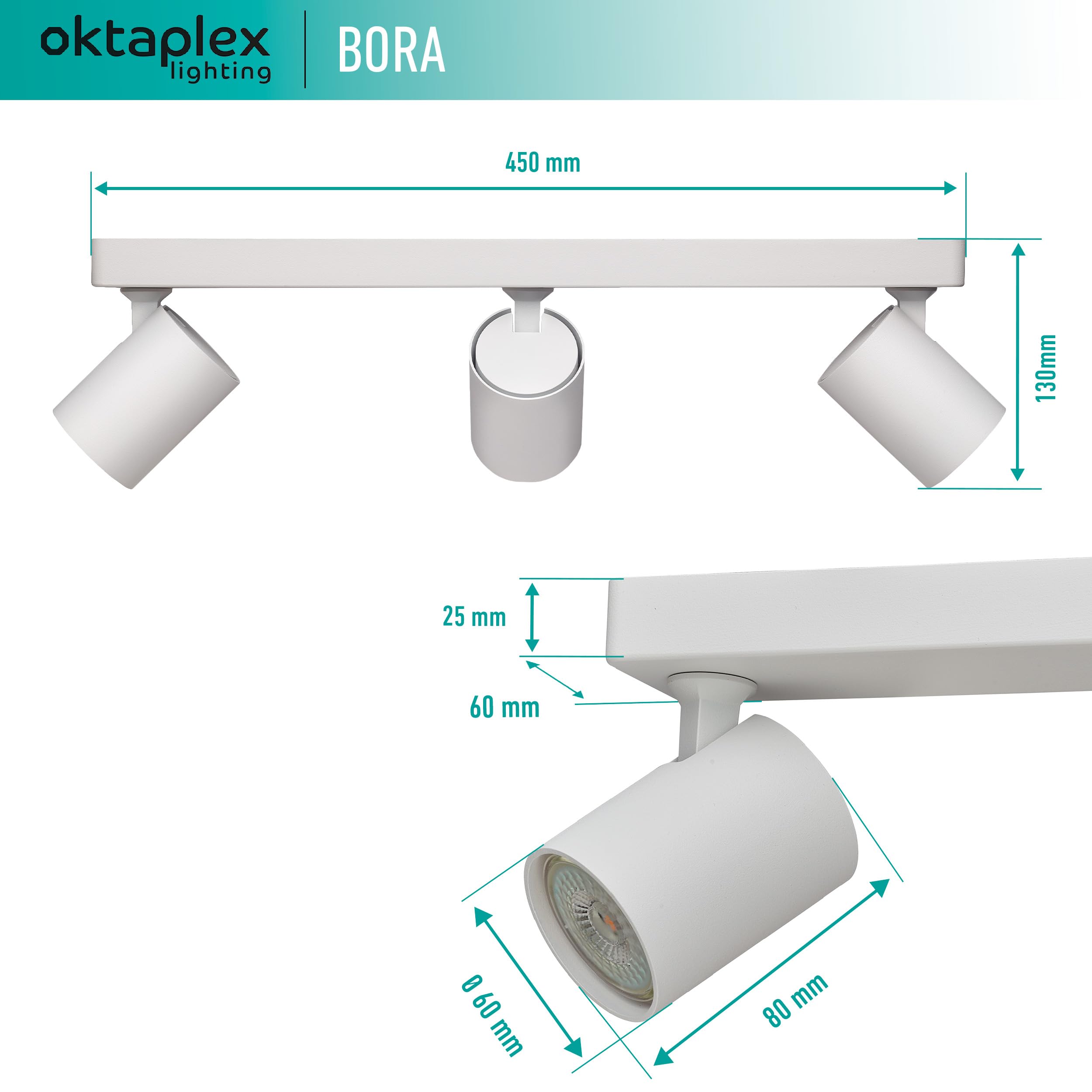 Oktaplex Bora Foco de techo 3 llamas GU10 LED spot bar 45 cm 230 V spot luz foco orientable lámpara de techo blanco | Lámpara de techo LED GU10, 45 cm, 230 V