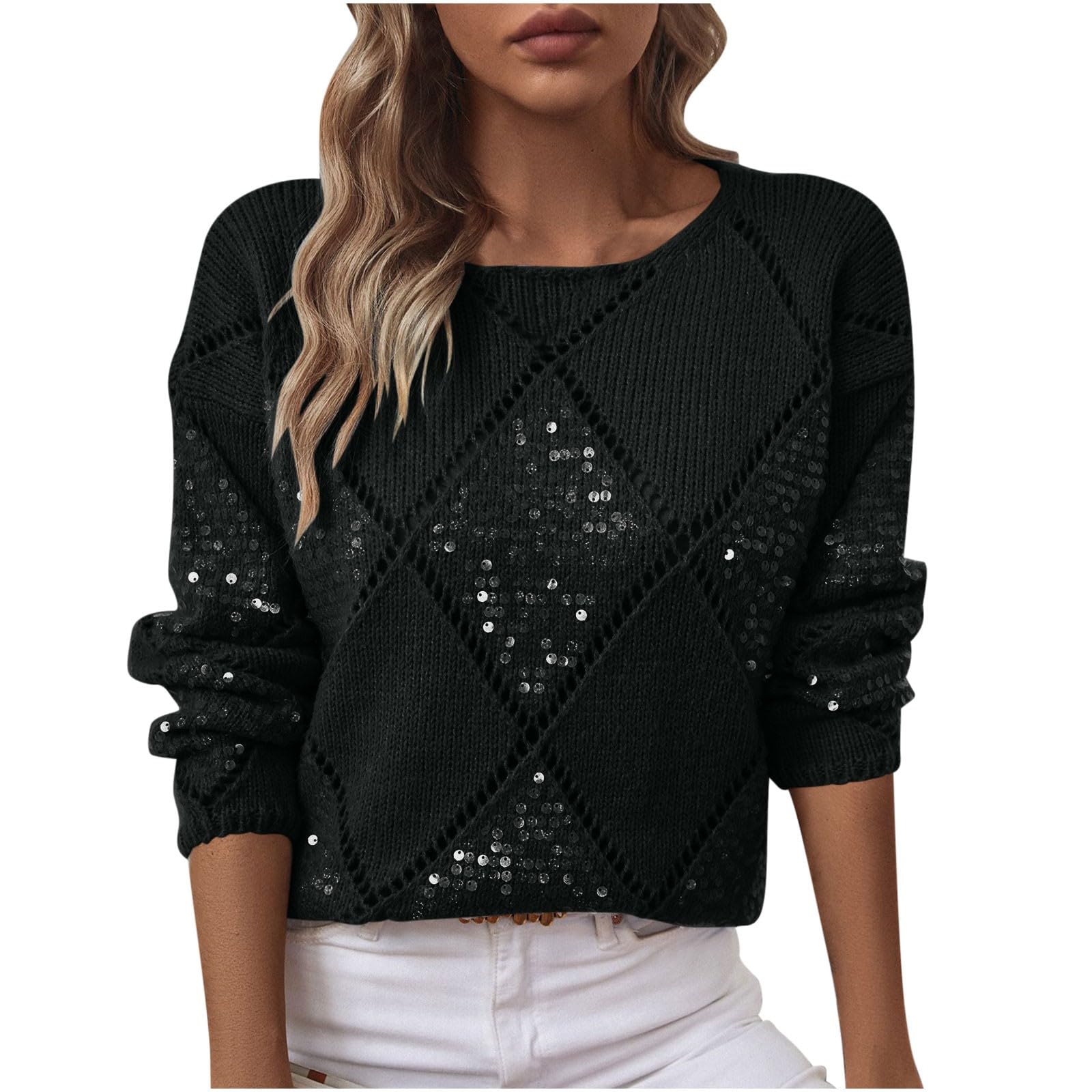 Women Sequin Sweaters Sparkly Knitted Pullover Tops Glitter Dressy Crewneck Sweater Long Sleeve Loose Fit Pullovers