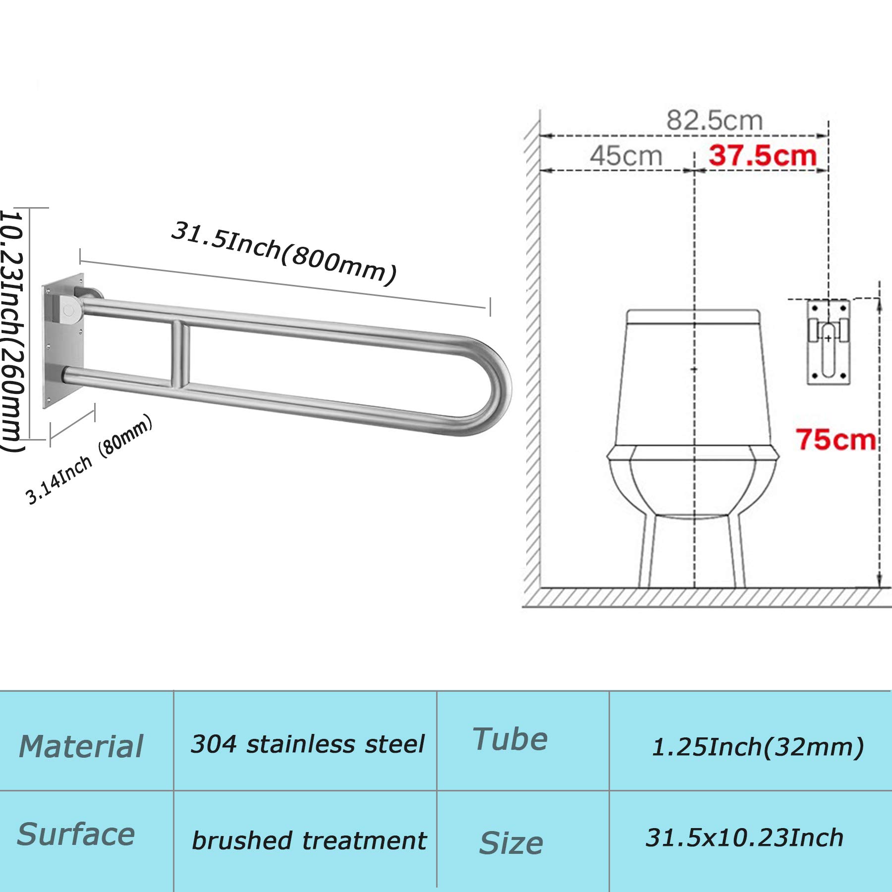 FlySkip Barra de agarre para inodoro, barra de agarre abatible, barras de agarre de acero inoxidable de 31.5 pulgadas para inodoro, barra de apoyo de seguridad para baño montado en la pared, barra de