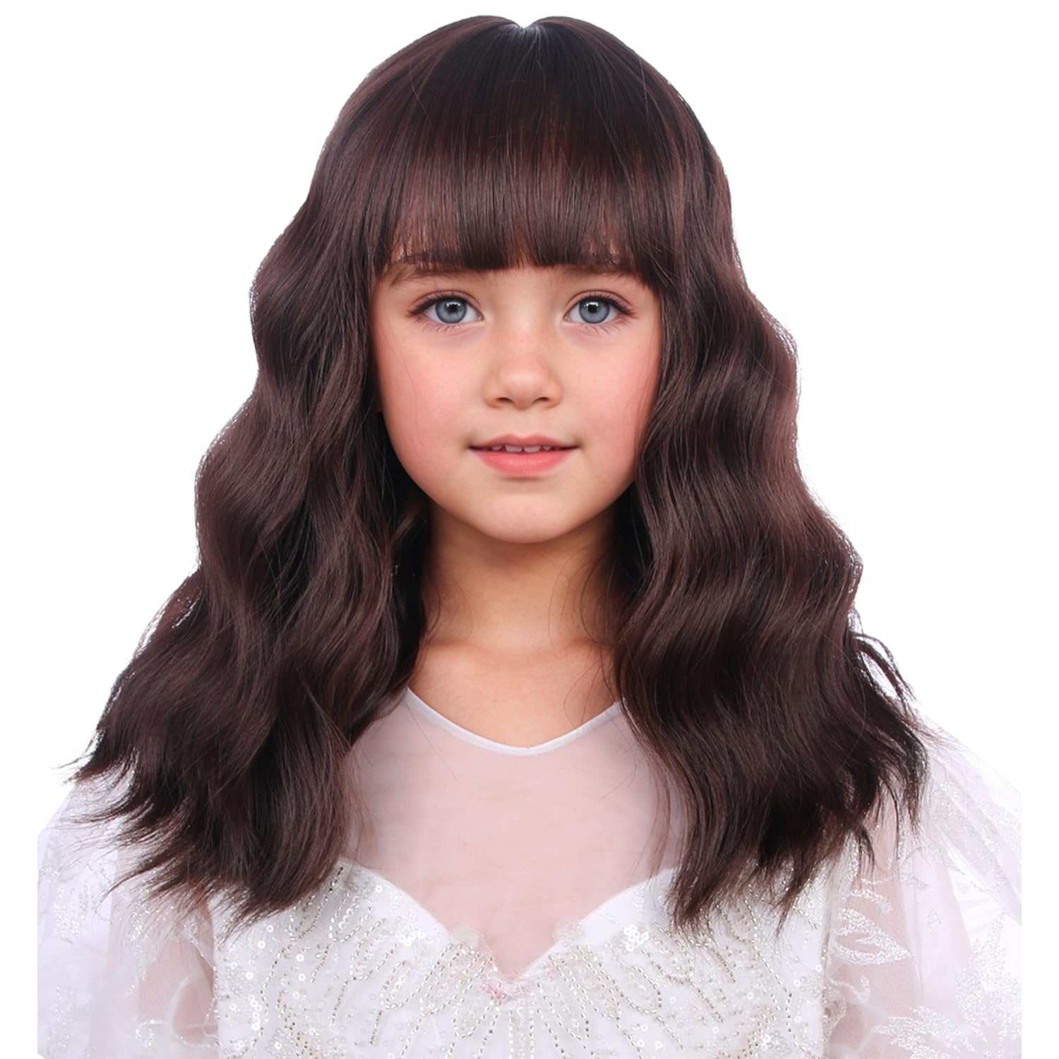 WAVELNM Brown Wig for kids Girls Dark Brown Wig with Bangs Child Short Curly Wavy Wigs Chocolate Daily Halloween Party Cosplay Wig