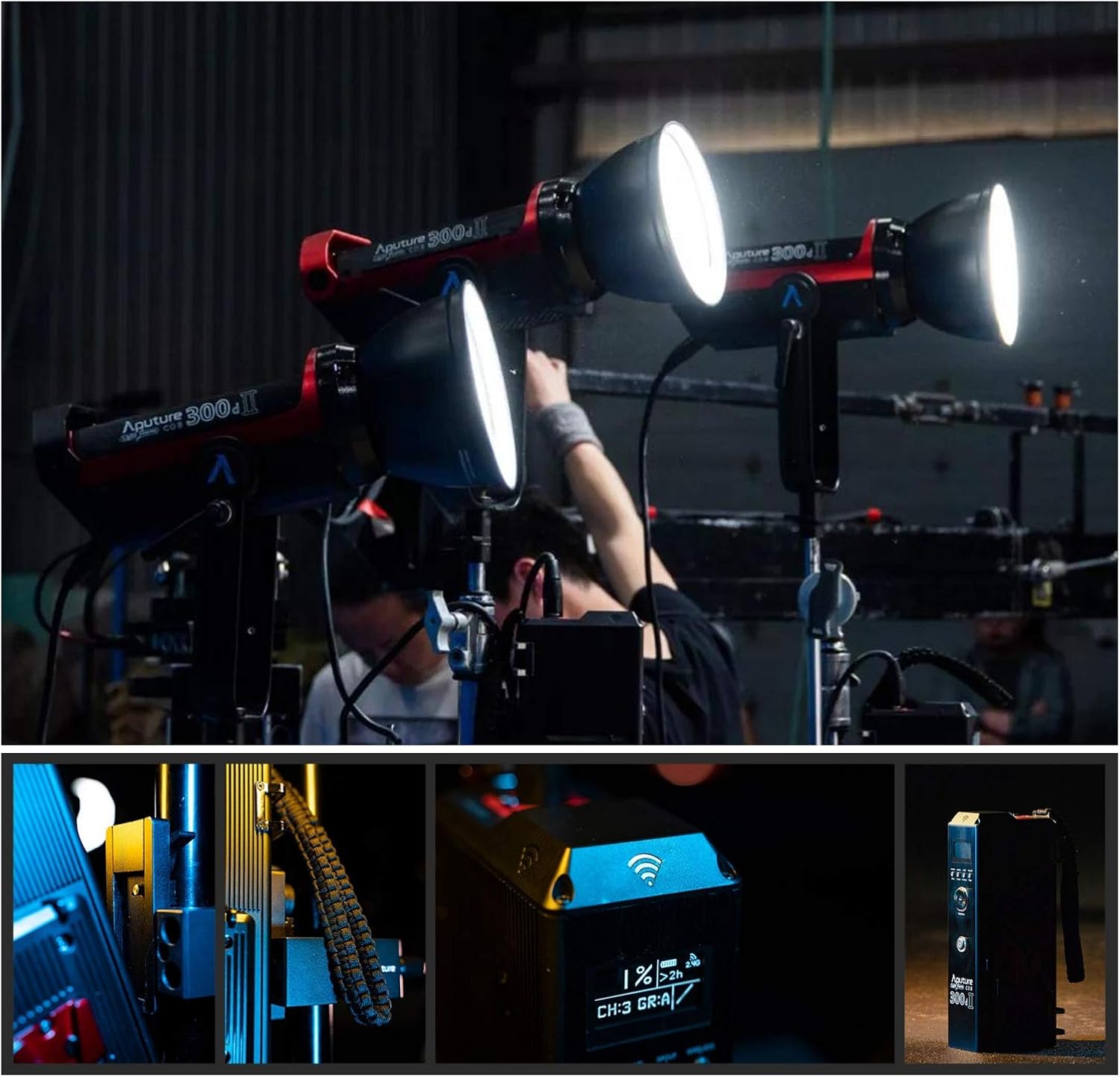 Multiple Aputure LS C300d II lights in a studio setting, with close-ups of the control box display and light details.