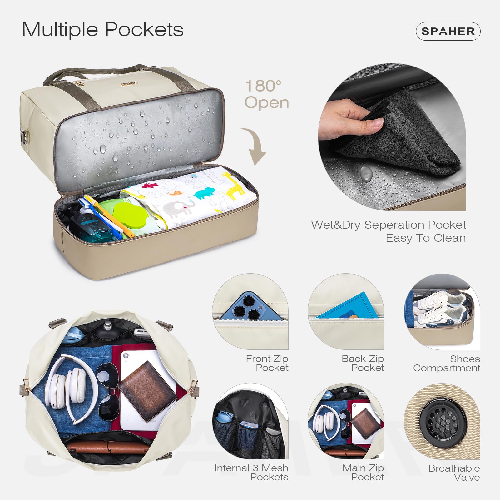SPAHER Bolsa de Viaje 45x36x20 EasyJet Equipaje de Mano Bolsa de Deporte Mujer con Compartimento de Zapatos Bolsa de Gimnasio Grande Impermeable Bolsas de Fin Semana Mujer Gym Bag Cabin Duffle Bag