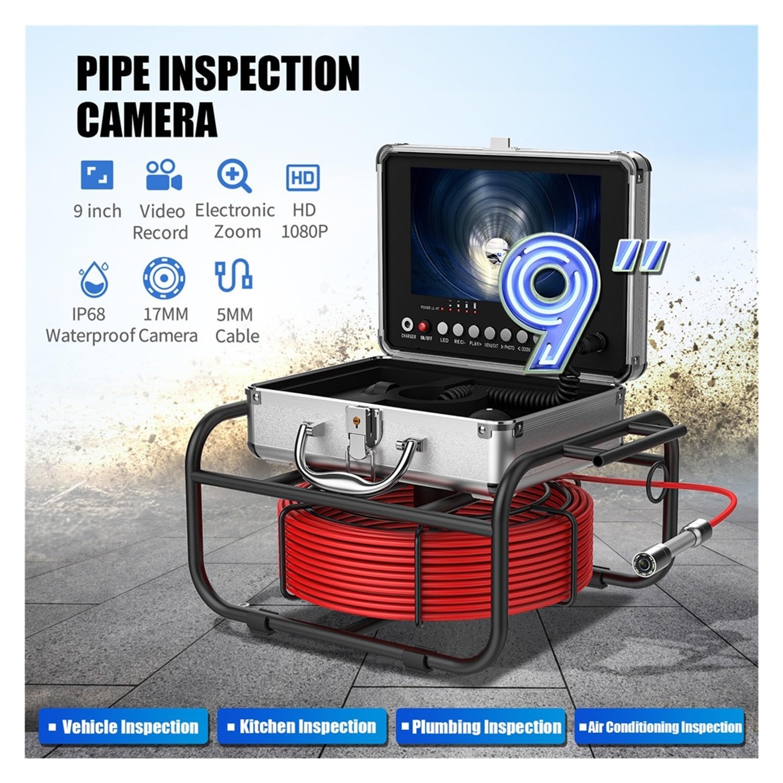 Cámara De Inspección Tuberías, Monitor 9", Boroscopio, Grabación DVR, Tubería Alcantarillado Drenaje 17 Mm, Endoscopio Industrial con Tarjeta TF 16 G Resistente Al Agua Y Al Desgaste(20m)