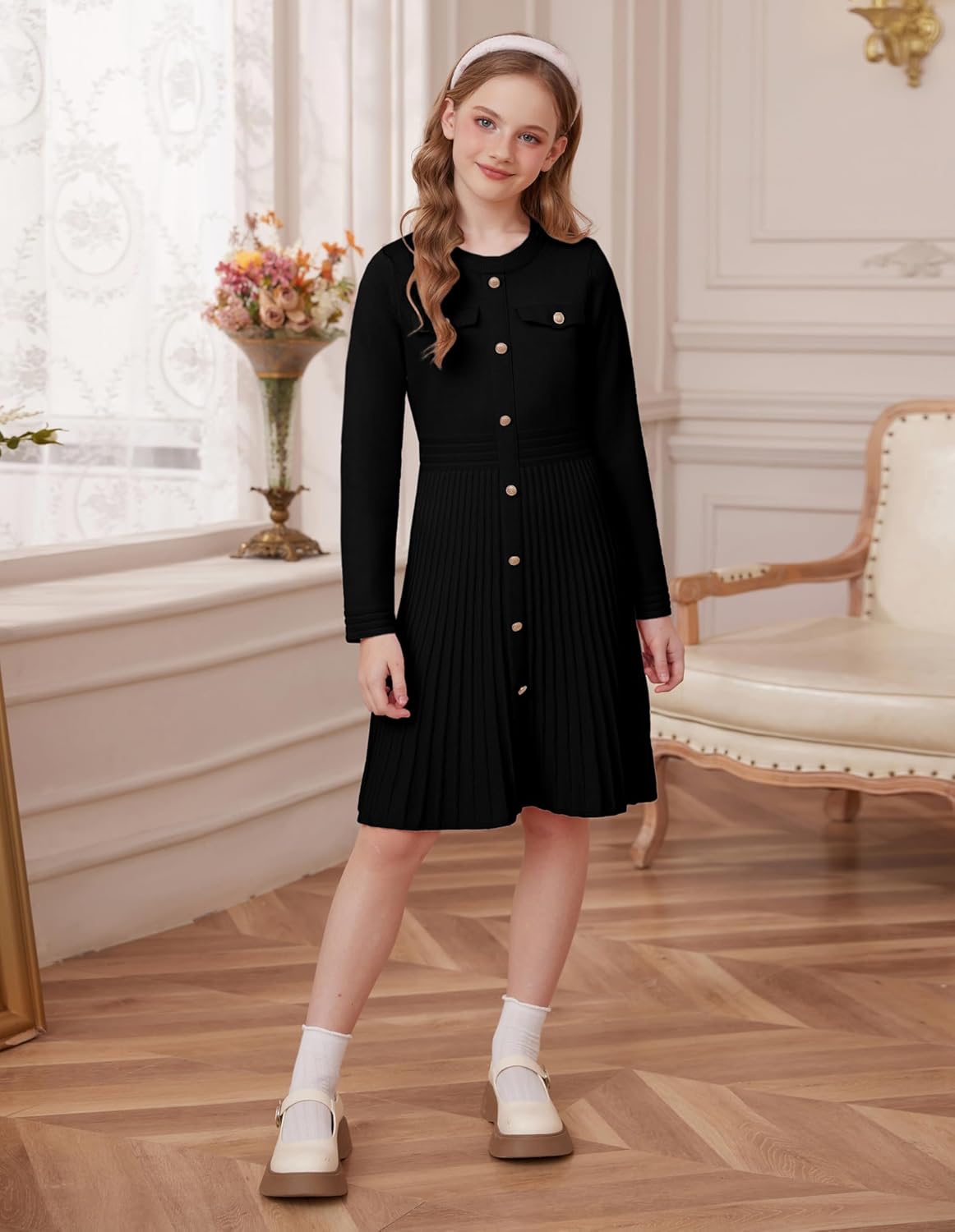 GRACE KARIN Girls Sweater Fall Dress Long Sleeve Knit Button Front Pleated A-Line Casual Winter Midi Dresses 5-14Y - Image 5