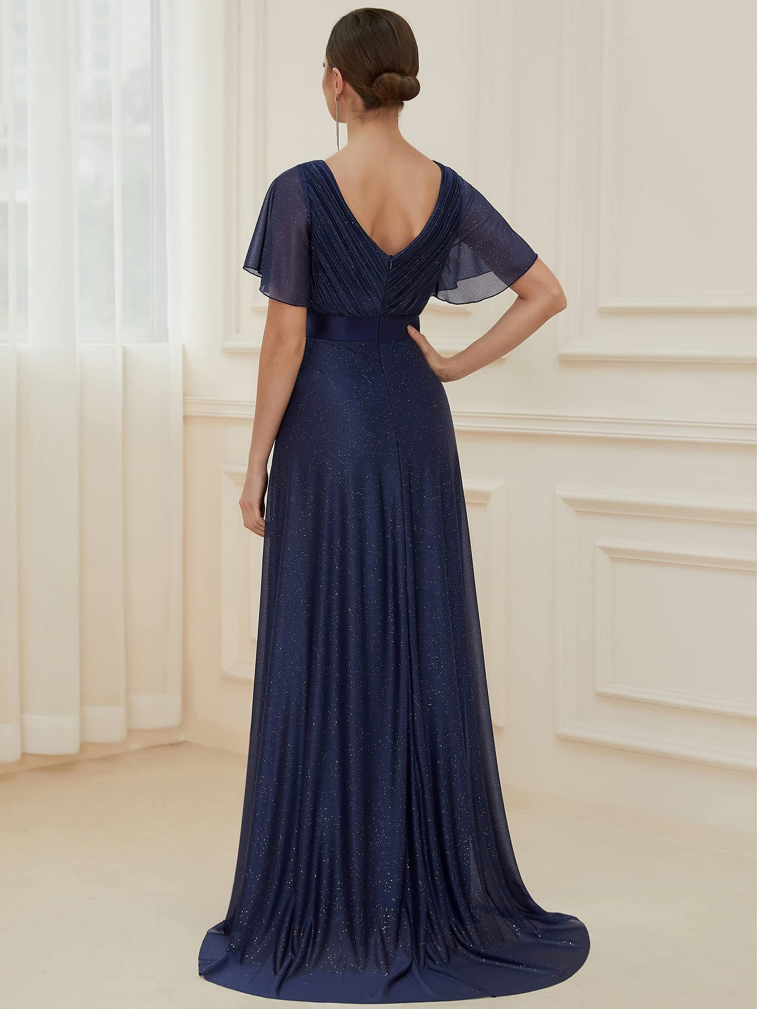 Ever-Pretty Robe Longue de Soiree Tulle Plissé Femme Manches Courtes Col V A Line Taille Empire Brillante Élégante EE50159