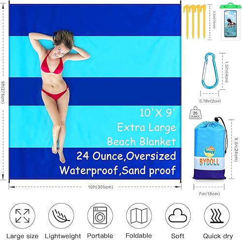 Miniatura 2 de BYDOLL Manta de playa de 10 x 9 pies, impermeable, a prueba de arena, para 1-8 adultos, ligera, grande, manta de playa, tapete de picnic para arena