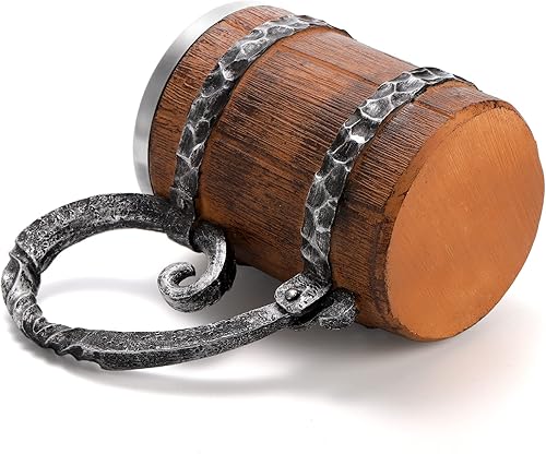 Miniatura 6 de Yopay Taza de cerveza de barril de madera, vaso de cerveza vintage de acero inoxidable de doble pared, hecho a mano, vaso medieval de madera con