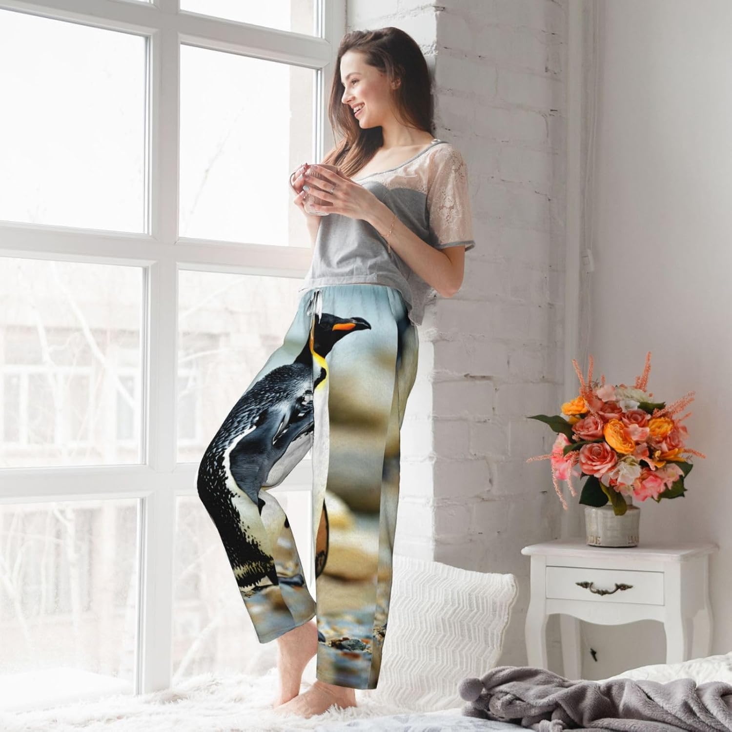 Penguin Print Cozy Flannel Pajama Pants For Women,Warm Christmas Pj Pants,Cute Fleece Pajamas