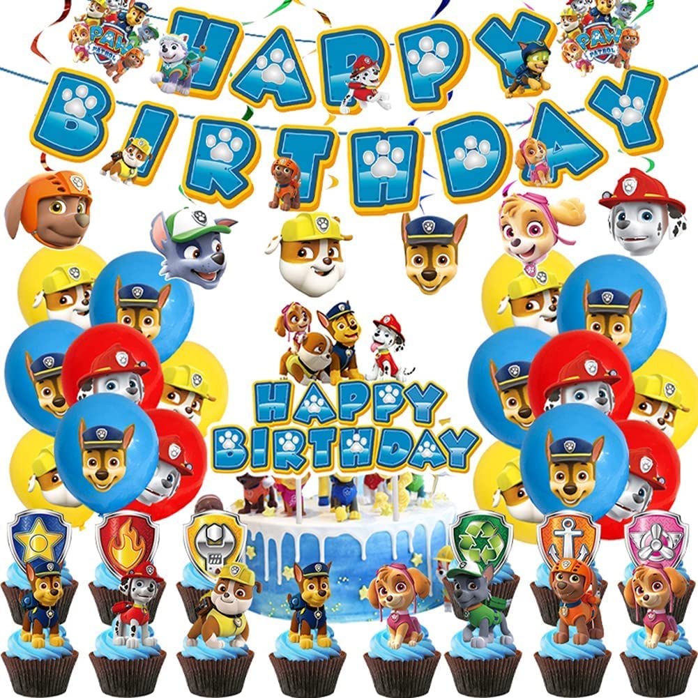 LA FIESTA Paw Patrol Birthday Supplies – Paw Patrol Happy Birthday Banner, Balloons, Cake Topper, Swirl Hanging Decorations – Paw patrol Birthday Decorations