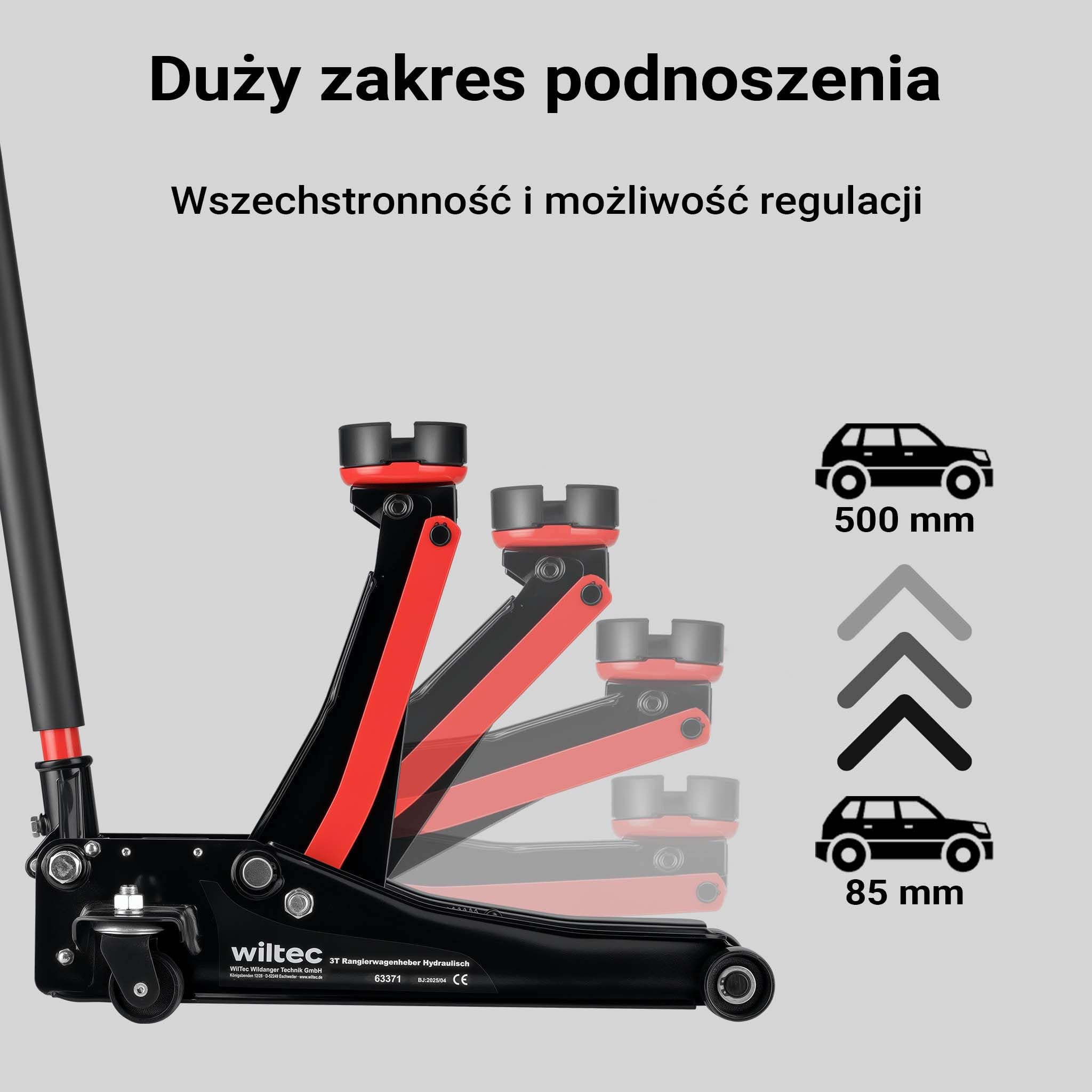 XPOtool Podnośnik samochodowy hydrauliczny 3 t, wysokość podnoszenia 85–500 mm, mobilny lewerek typu żaba, z podwójnym siłownikiem i czterema kołami jezdnymi