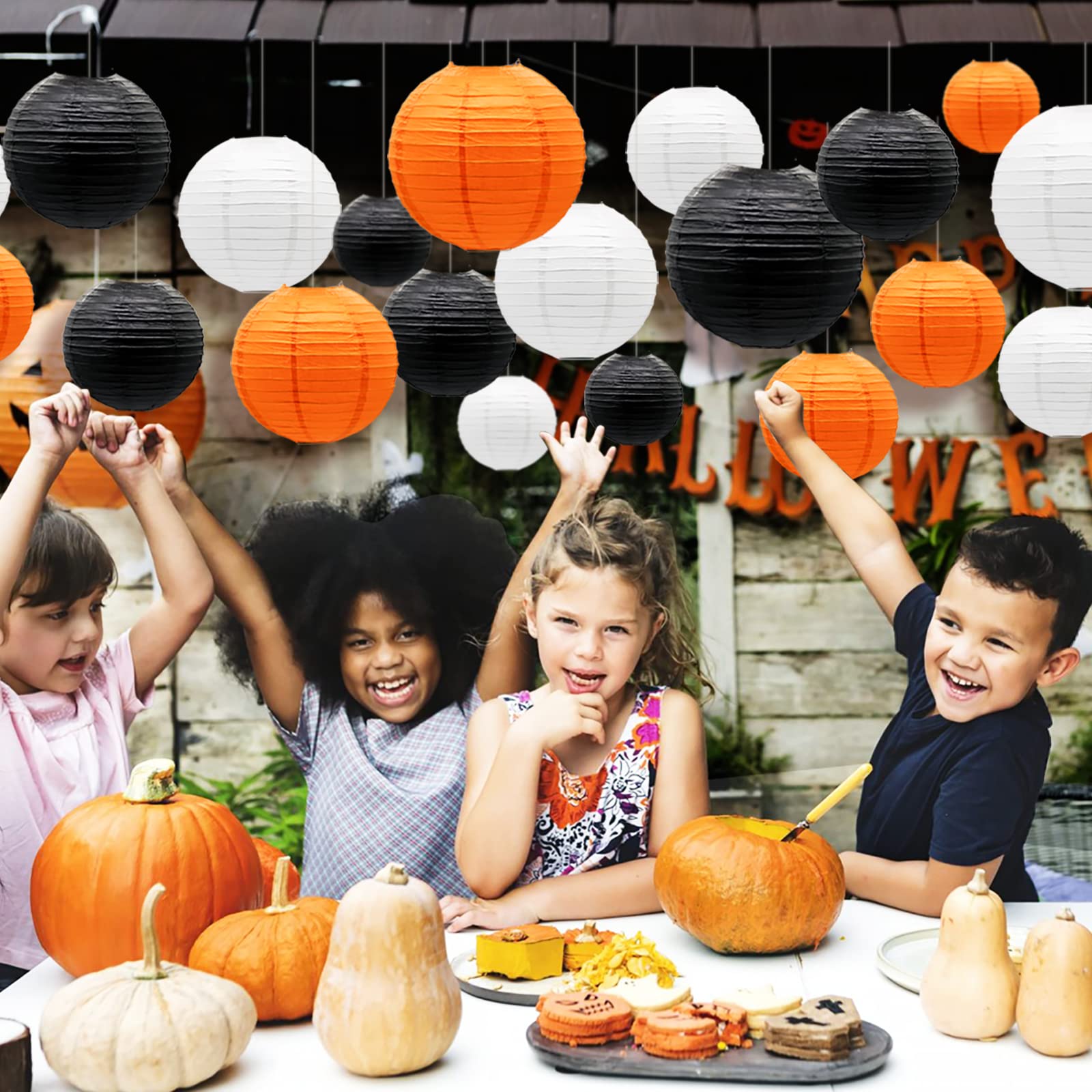 Papierowe lampiony, dekoracje imprezowe, pomarańczowe, czarne, białe, okrągłe, wiszące lampiony, ukończenie szkoły, Halloween, Święto Dziękczynienia, dekoracje na przyjęcie urodzinowe, 21 szt