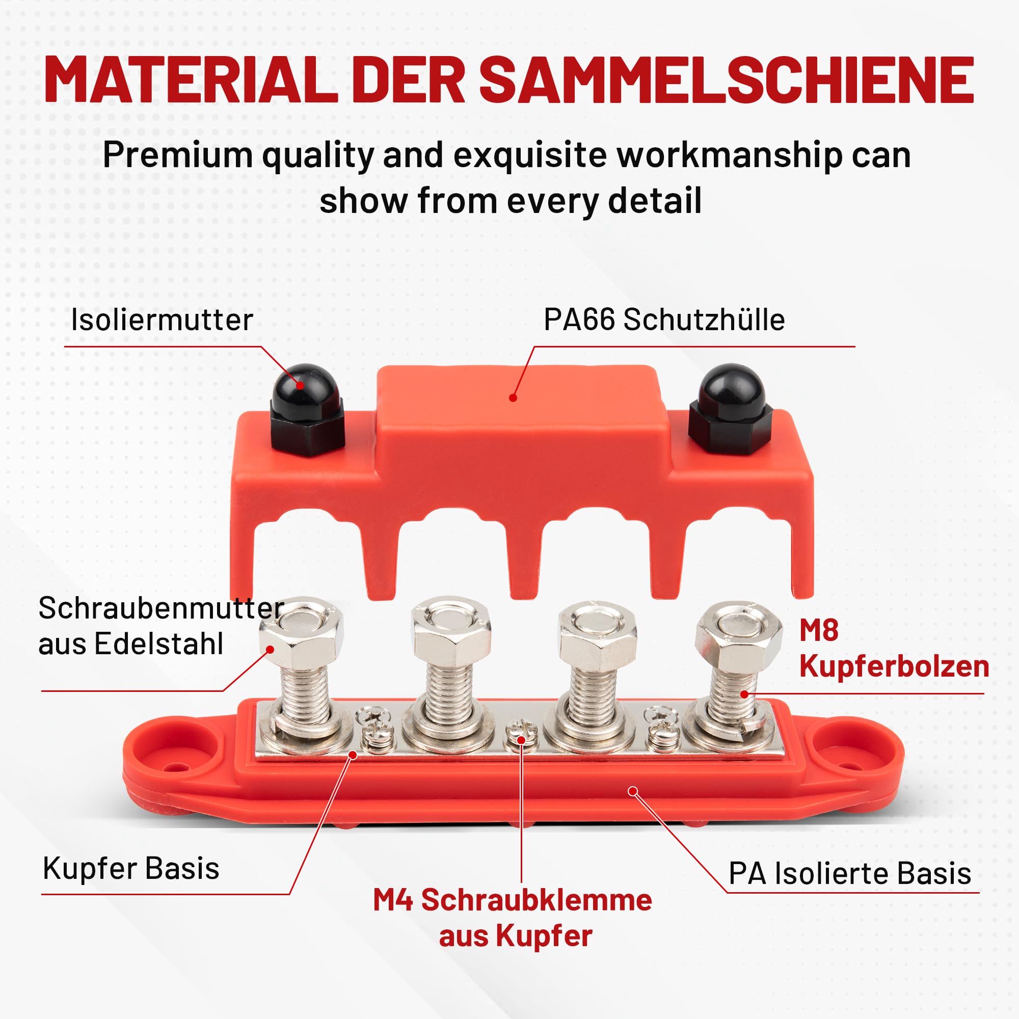 RED WOLF 150A Sammelschienen Verteilerblock 12V-48V DC, Verteilerschiene mit 4x M8 & 3x M4 Klemmenbolzen für Auto Marine RV Wohnmobil Lkw Elektrik System Positive Masse Stromverteilungsblock Busbar