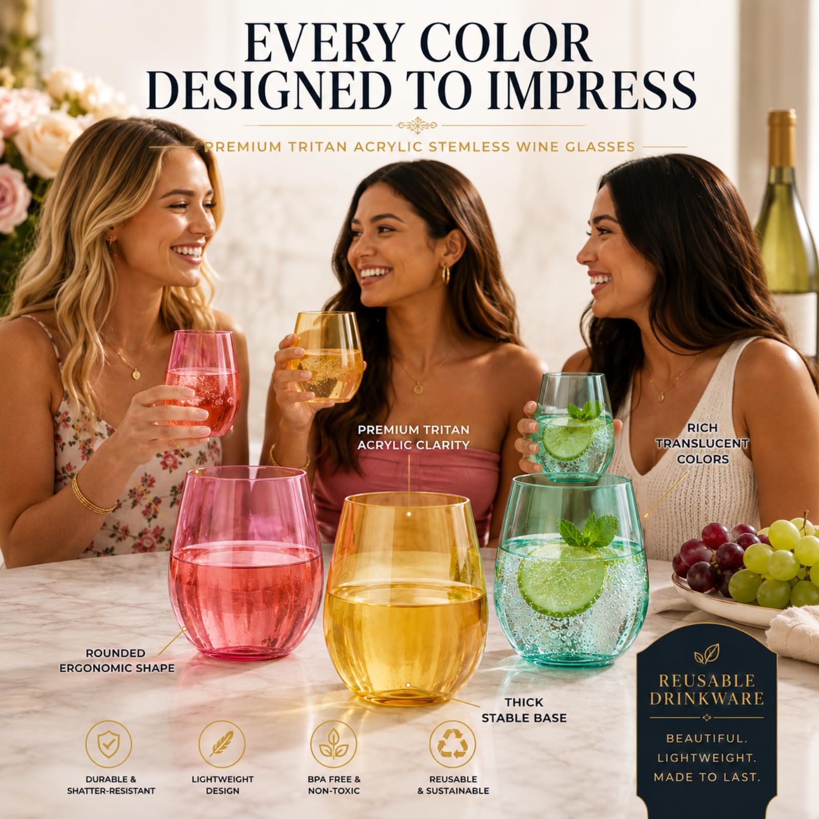 Lot de 6 verres à vin sans pied en plastique de style européen incassables et sans BPA, réutilisables, pour extérieur, piscine, intérieur, lavage à la main, 425 g