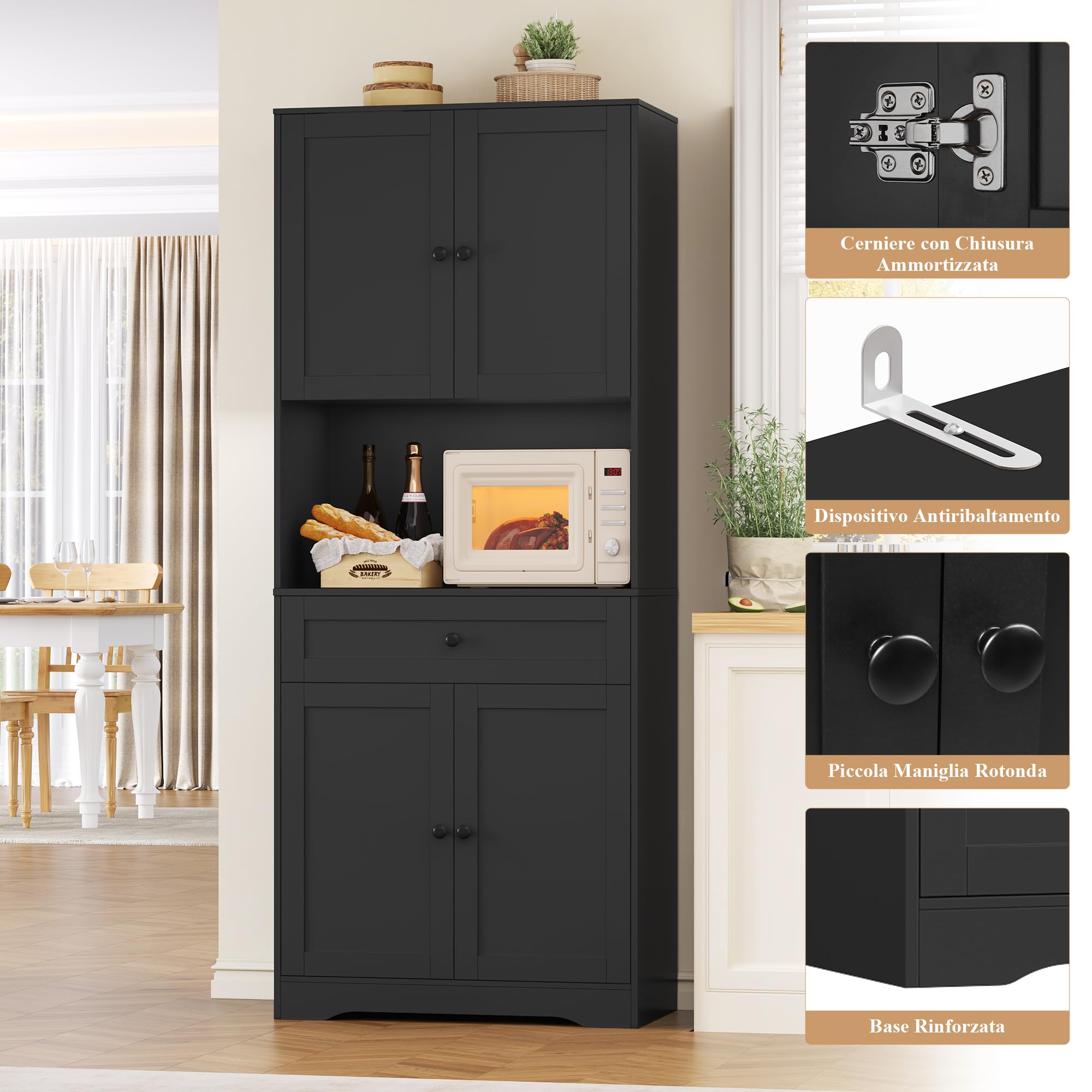 FOREHILL Credenza Cucina Alta 180CM, Mobile Dispensa Cucina con 4 Ante, Credenza Alta con Ripiani Regolabili e Grande Cassetto, Per Cucina, Bagno, Soggiorno, 75x40x180cm (Nero)