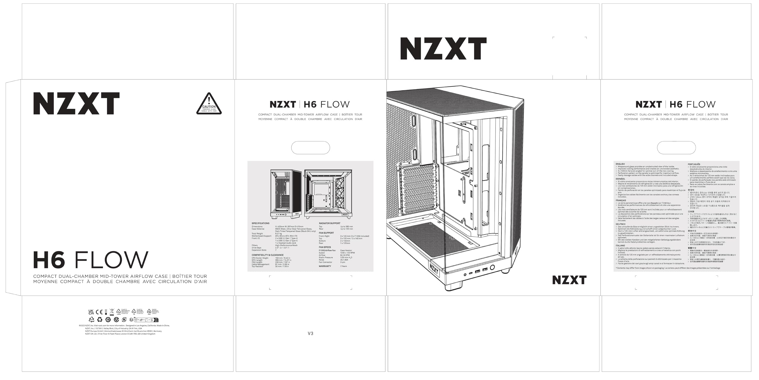 NZXT H6 Flow, CC-H61FW-01, Kompaktes Mid, Tower Gehäuse mit Zwei Kammern, Glaspaneele mit Panoramablick, Hochleistungs,Airflow,Panels, Inklusive 3 x 120 mm Lüfter, Weiß