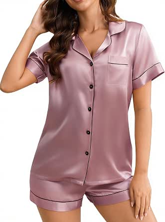 THXSILK 100% Mulberry Silk Pajamas Set for Women, 2-Piece Short Sleeve Sleepwear and Shorts