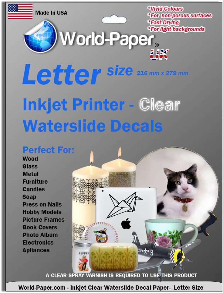 5 Pack A4 Waterslide INKJET Water Slide Decal Paper Transfer Craft Paper Sheets - CLEAR