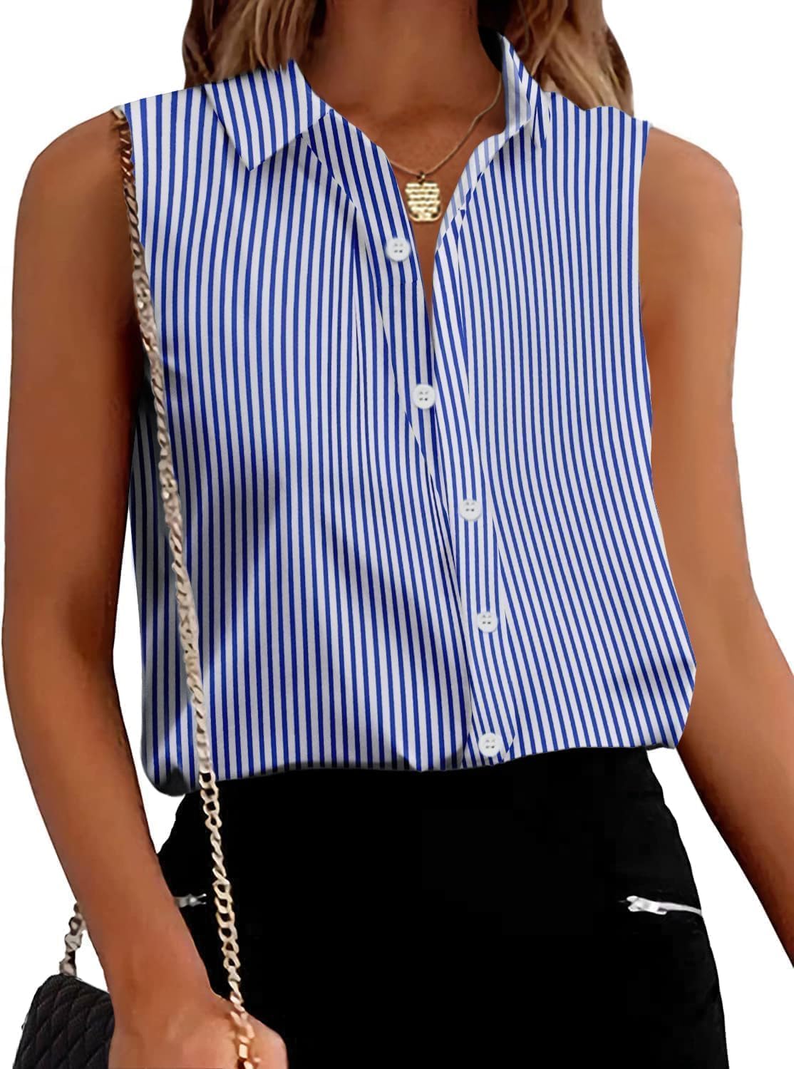 Zeagoo Women's Sleeveless Button Down Shirts Work Blouses Casual V Neck Tank Tops Stripe