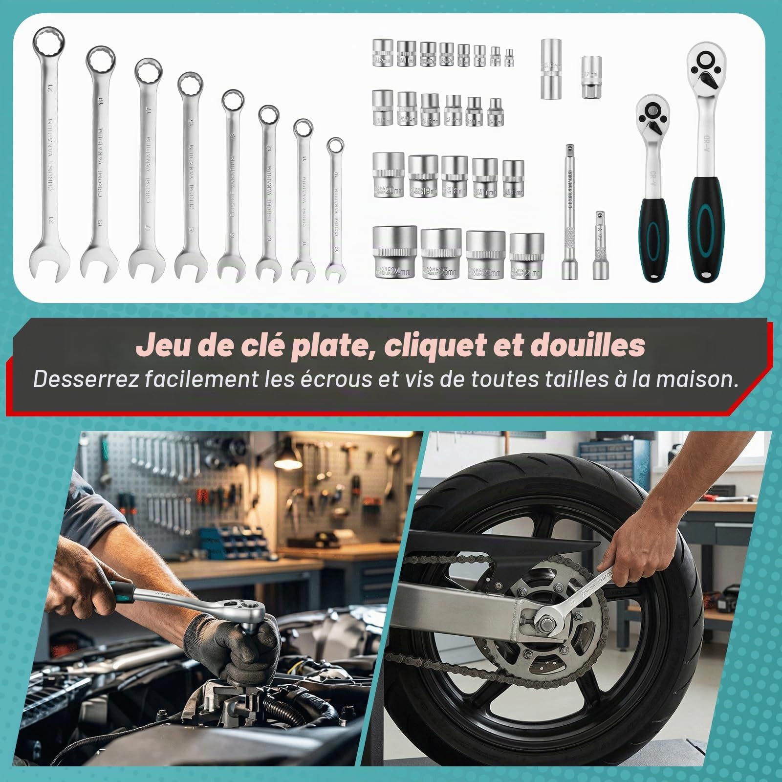 TLGREEN Mallette à outils en aluminium remplie de 107 pièces - Mallette à outils avec clé à douille, tournevis, etc. - Pour bricolage, artisanat, maison, atelier