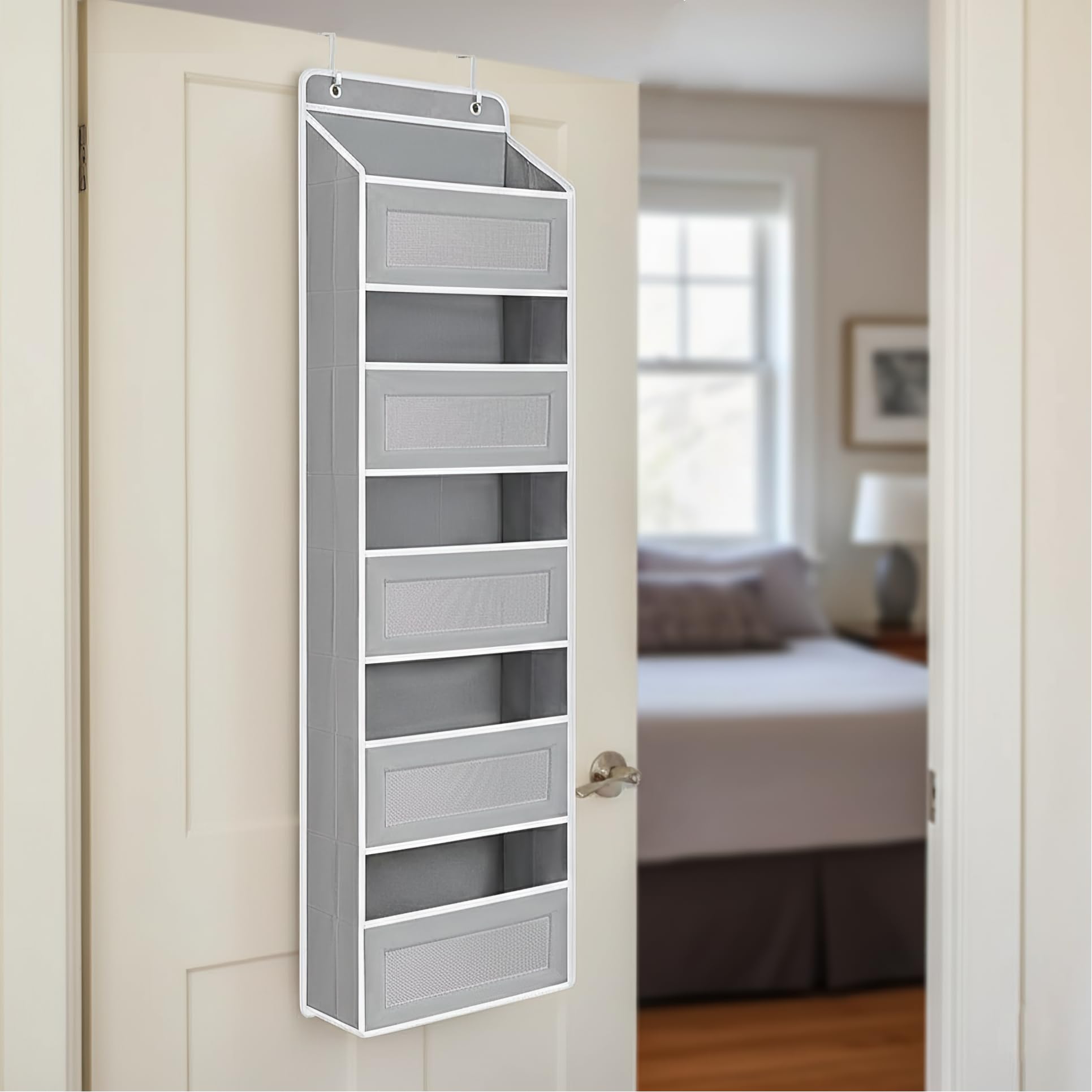 Organizador de almacenamiento sobre la puerta, organizador de puerta colgante con 5 bolsillos laterales de malla, estantes colgantes resistentes para juguetes, pañales, guardería, dormitorio