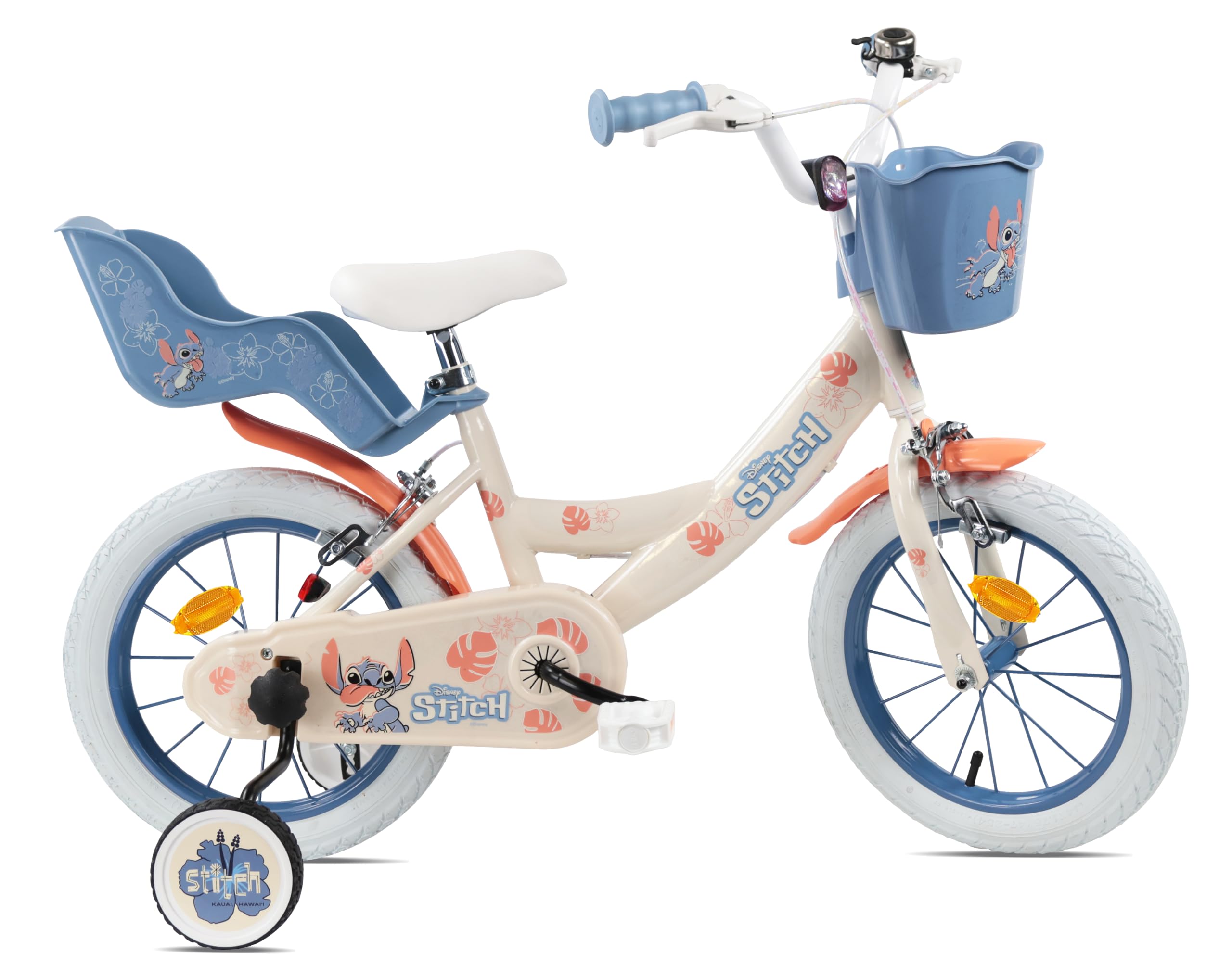 Disney Vélo 14'' Fille Licence Stitch de livré avec Son Casque - 2 Freins Caliper - Pneus Gonflables - Panier Avant - Porte-poupée arrière - Garde-Boue - 2 Stabilisateurs