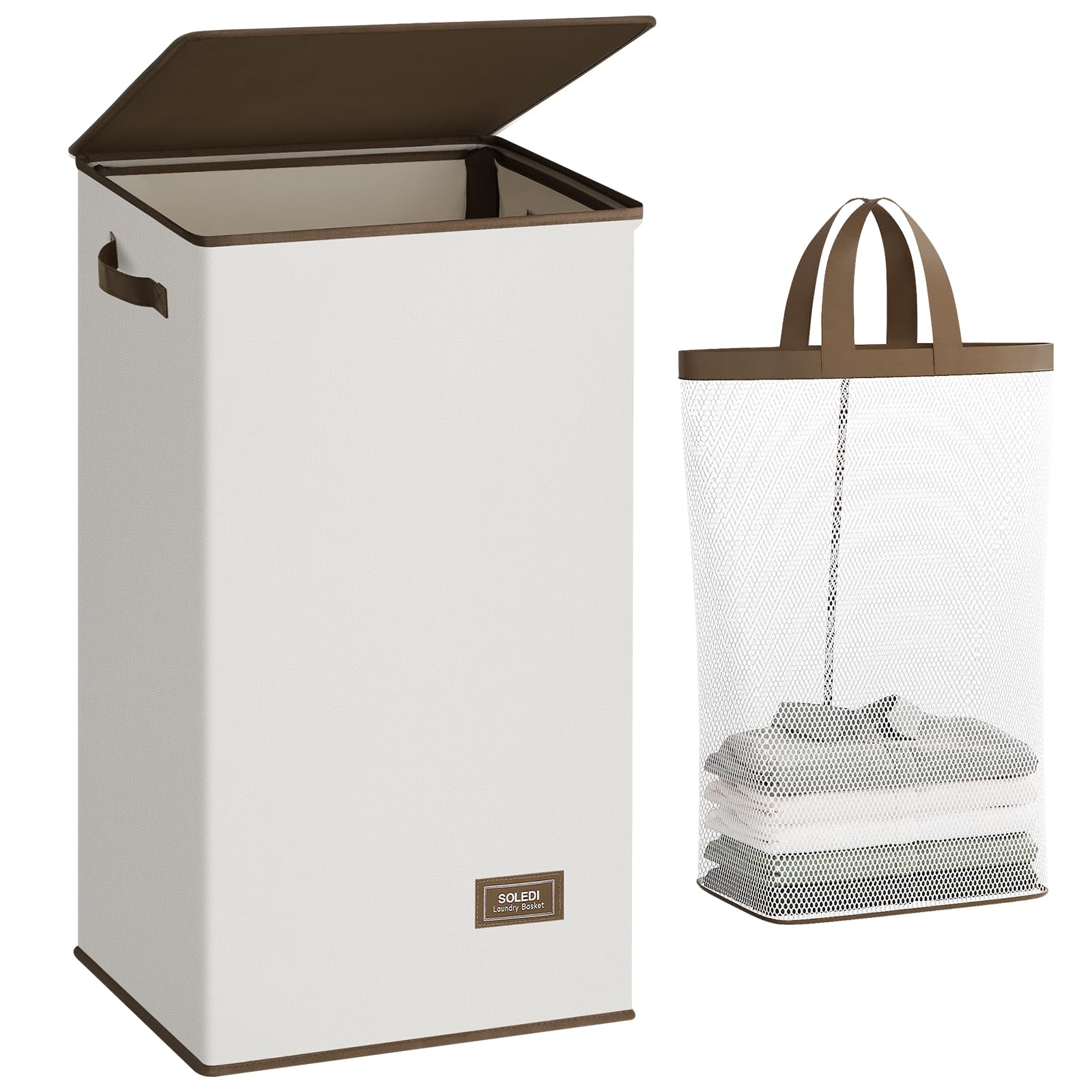 SOLEDI Laundry Hamper with Lid 100L Large & Tall Collapsible Laundry Basket, Clothes Hamper with Bag Removable Easy to Carry, Dirty Hampers for Bedroom, Bathroom, Dorm, College, Off-White