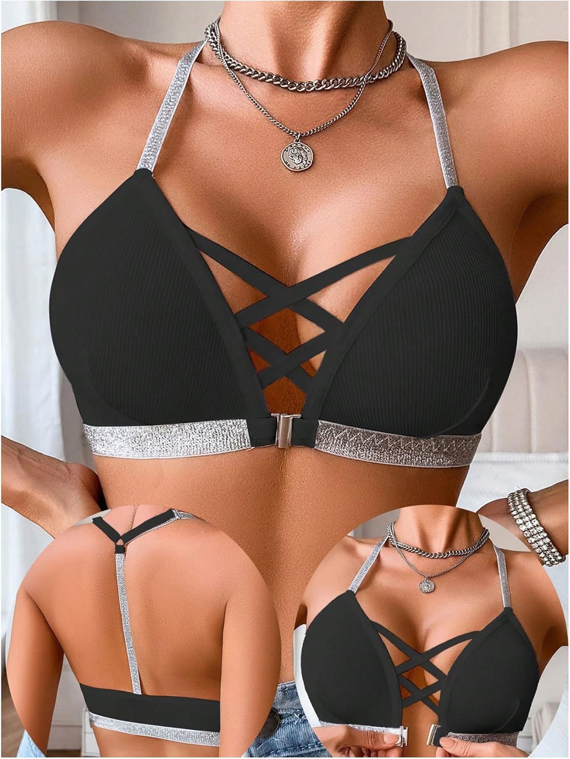 OYOANGLE Women's Front Closure Wireless Bra Metallic Sparkly Strap Criss Cross Y Back Halter Bras - Image 5