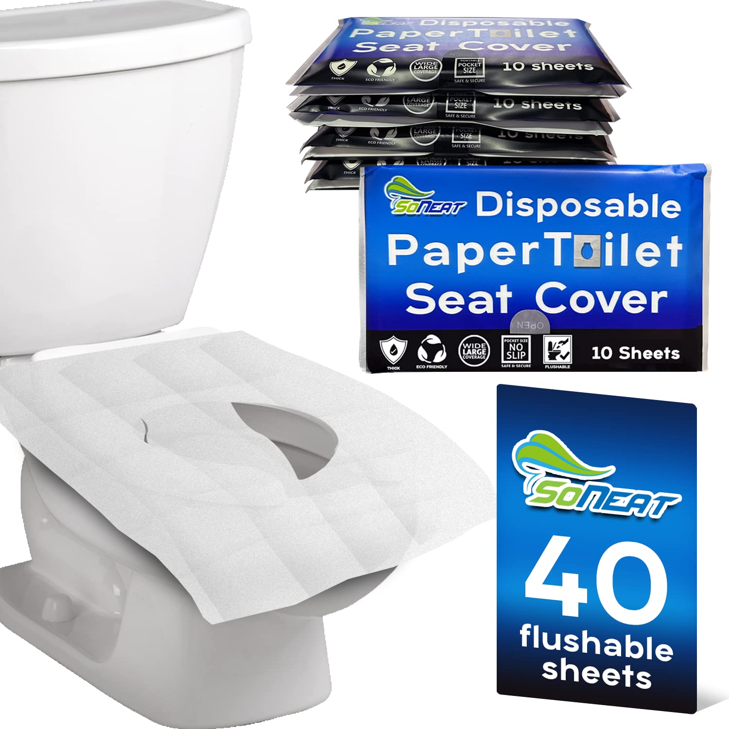SoNeat Disposable Toilet Seat Covers - 40 Sheets of XL Thick Flushable Travel Toilet Seat Cover, Portable Potty Cover for Kids, and Adults, Paper Toilet Seat Liners for Public Restrooms, 4 Packs