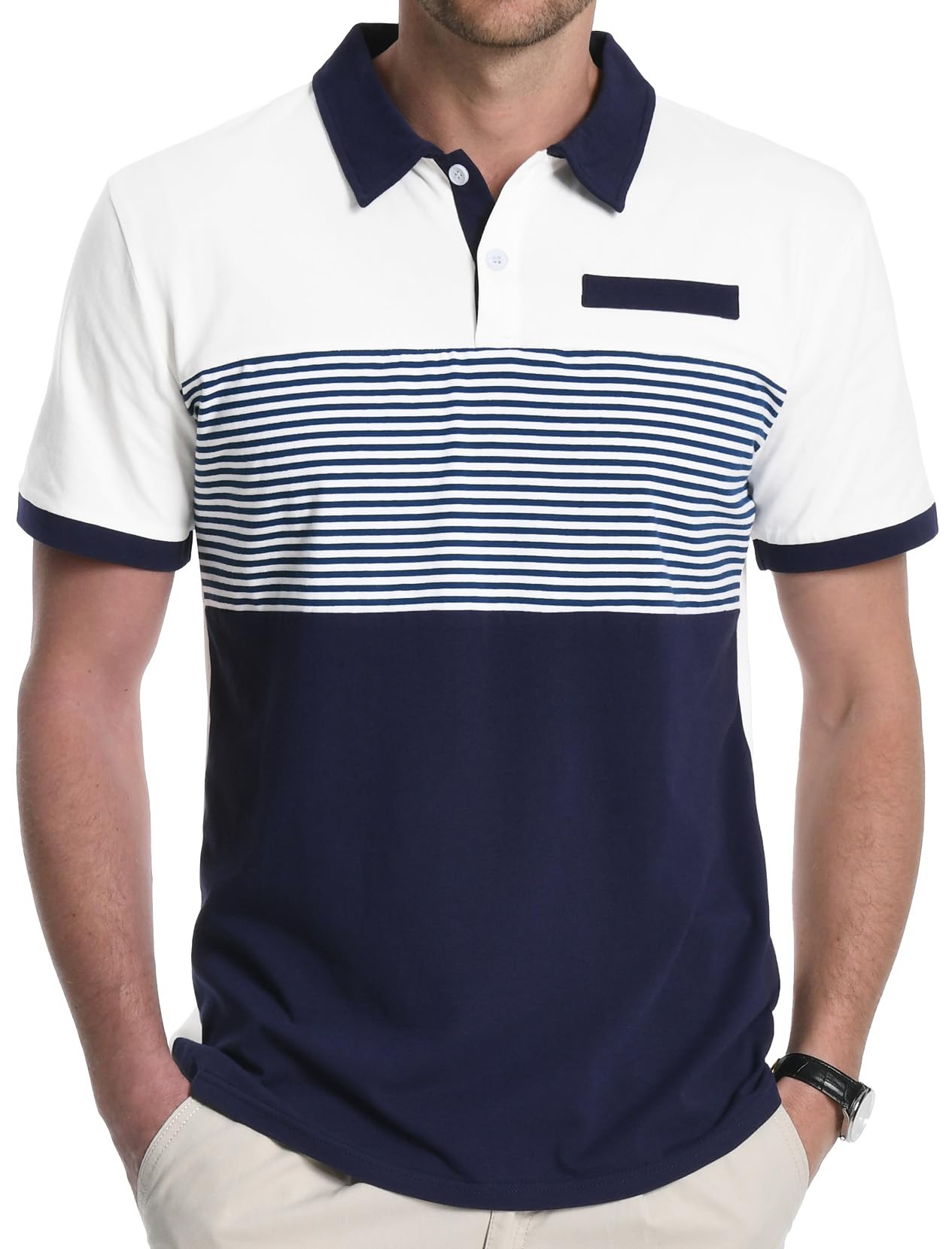 AiyinoMen's Color Block Polo Shirts, Short Sleeve Two-Tone Striped Cotton Golf T-Shirt for Men