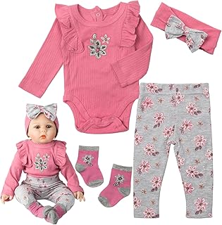 Reborn Baby Doll Clothes 22 Inch Pink Embroidered 4 Pieces Clothing Accessories for 20-22 Inch Reborn Newborn Dolls Clothes